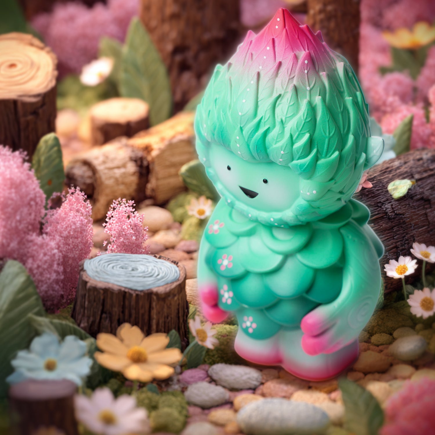 MUJUWORLD TREE SPIRIT SPRING EDITION - Preorder: A 4 humanoid vinyl toy with leaf textures, in a woodland diorama with tree-stumps and flowers.
