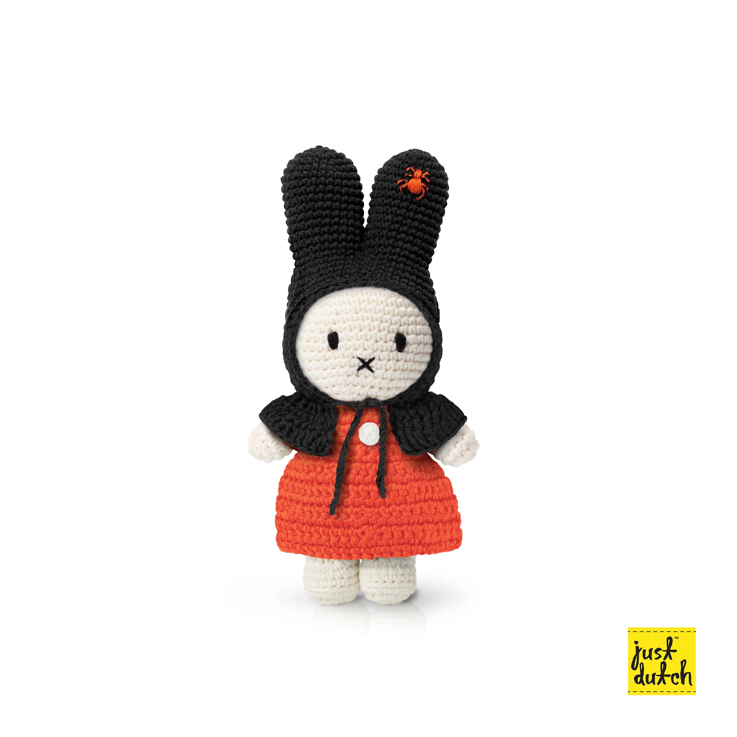 Miffy in her Halloween Dress - Special Edition: Hand-crocheted bunny wearing orange dress and black cape with spider detail, featuring embroidered eyes. Includes just dutch. logo.