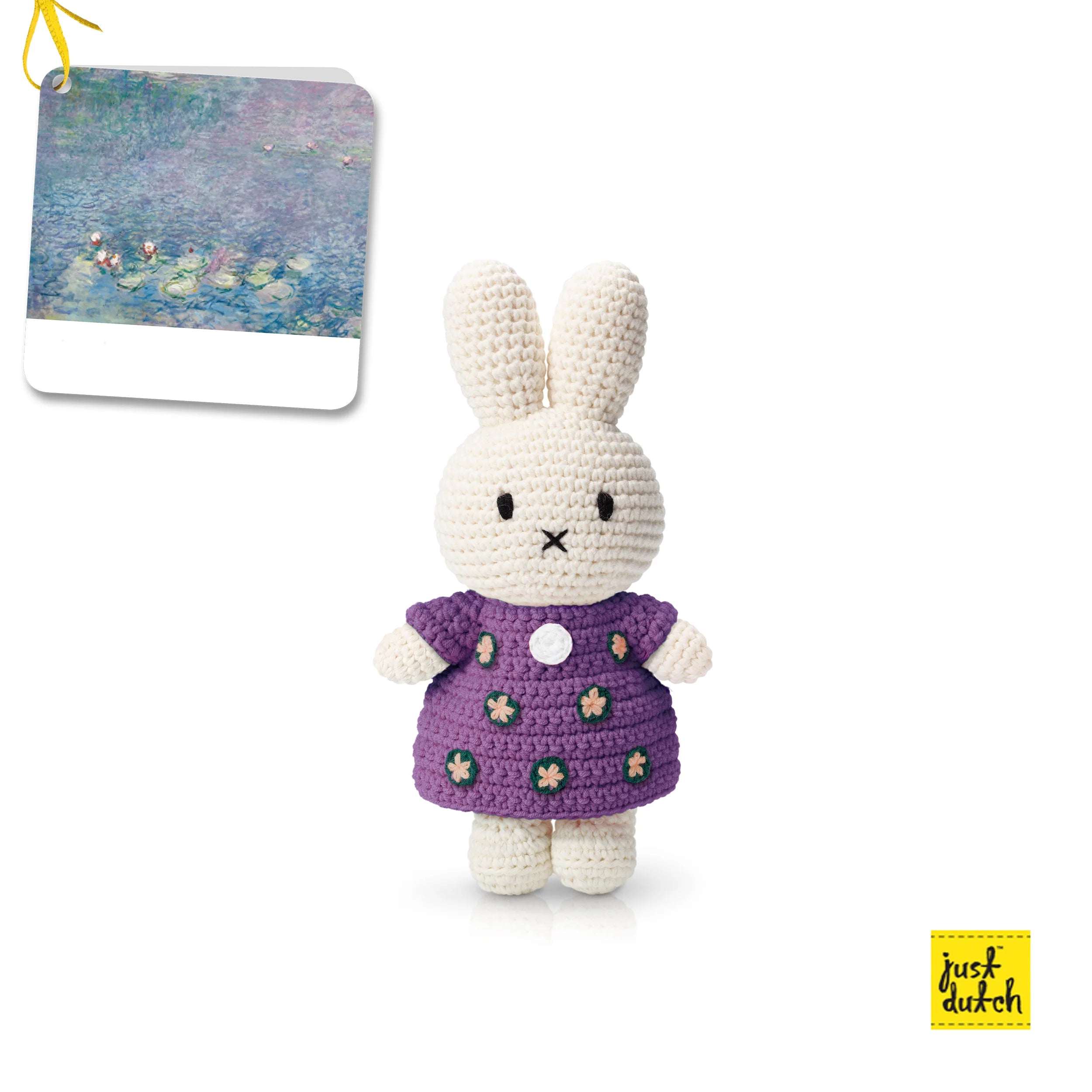 Handmade crochet Boris keychain featuring Miffy in a Monet Water Lilies dress, crafted from 100% cotton, ideal for art toy enthusiasts.