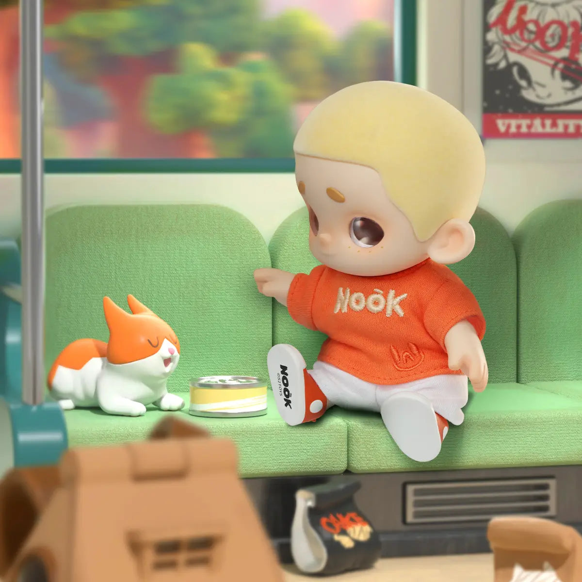 NOOK Plush Doll Blind Box First Release - OOTD features a toddler doll and cat toy on a stylized train seat, showcasing a playful collectible scene.