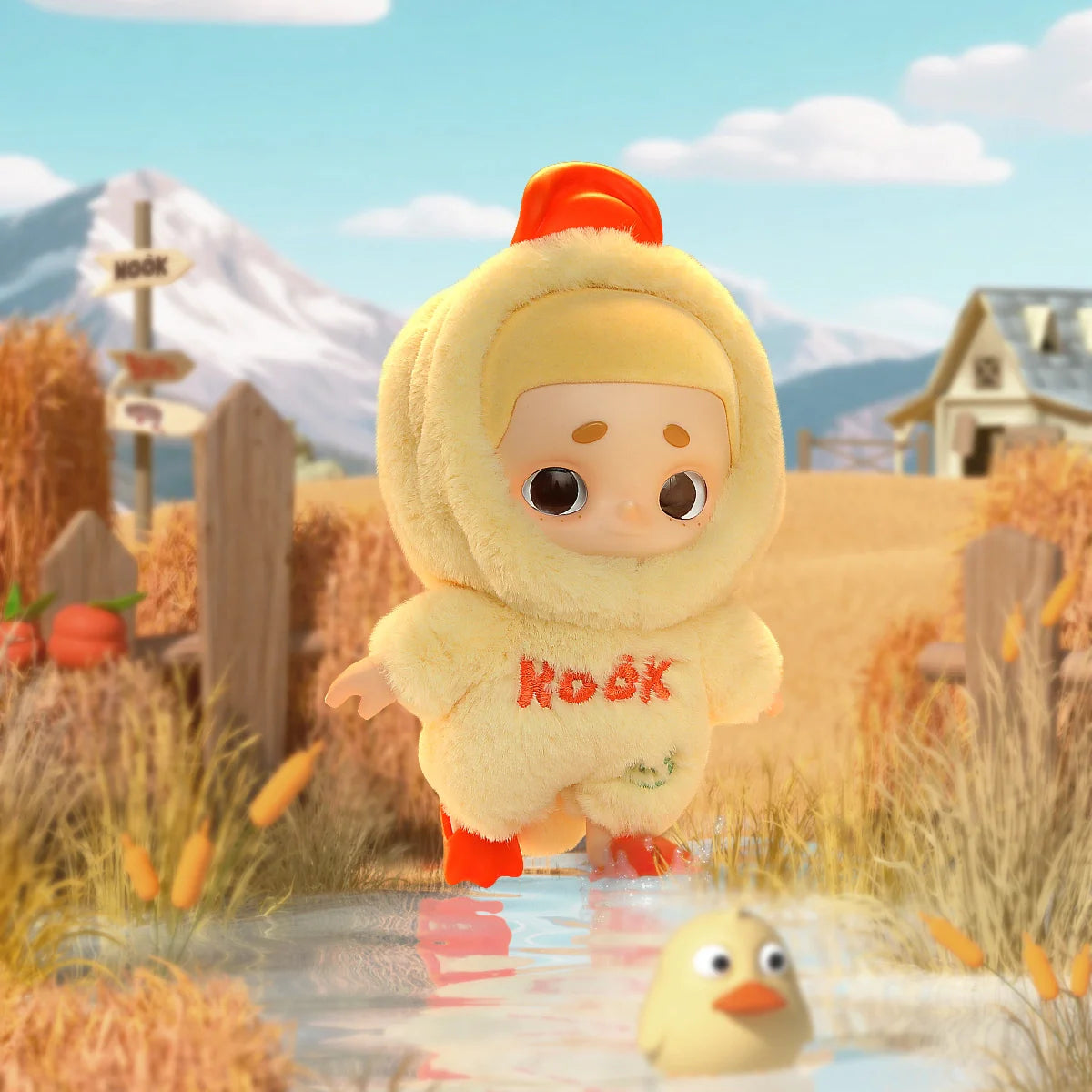 NOOK Plush Doll Blind Box First Release - OOTD: Doll in a chick costume in a farm scene, preorder for February 2026 delivery.
