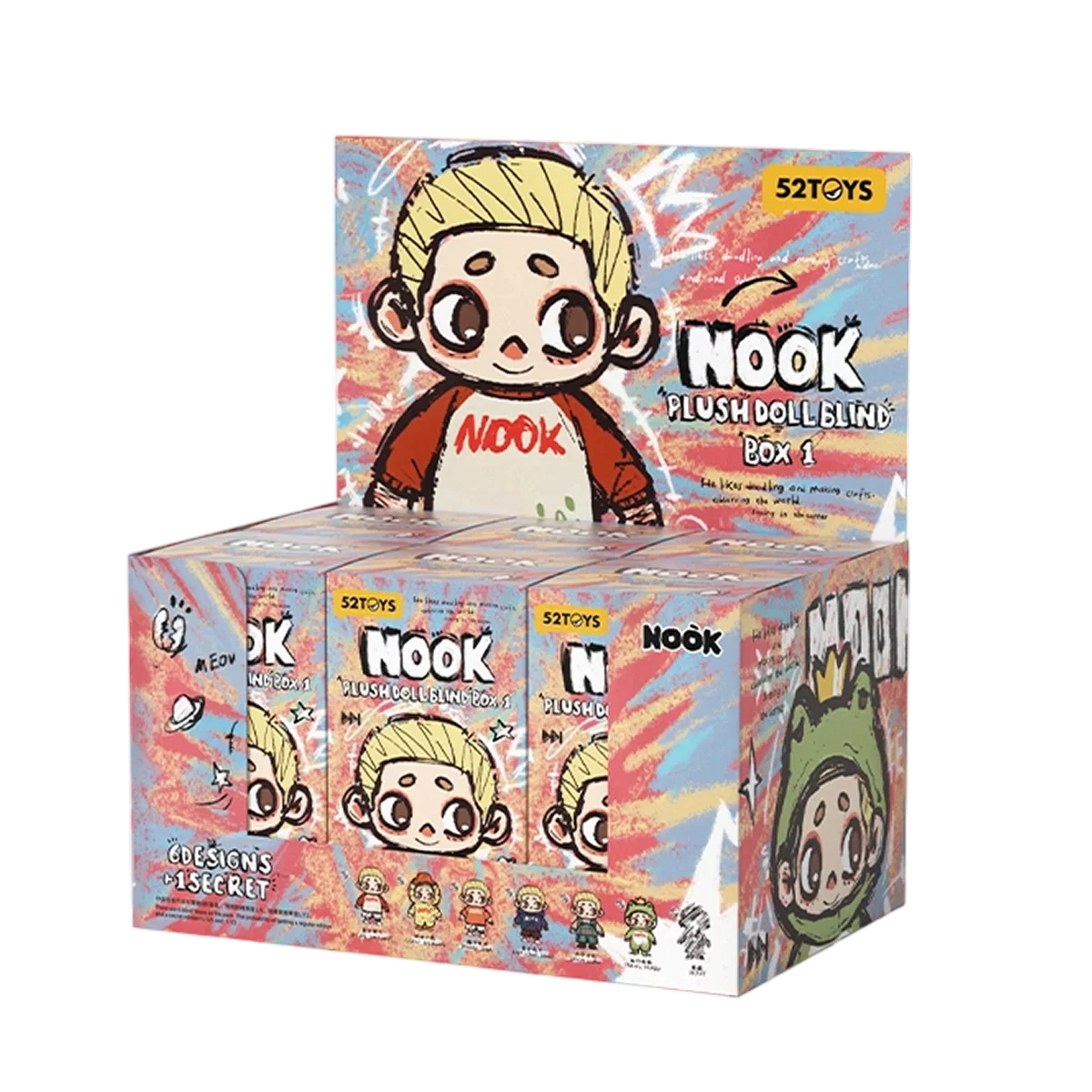 NOOK Plush Doll Blind Box First Release - OOTD, featuring a display with multiple blind-boxes of 52Toys' plush doll designs, including one secret version.