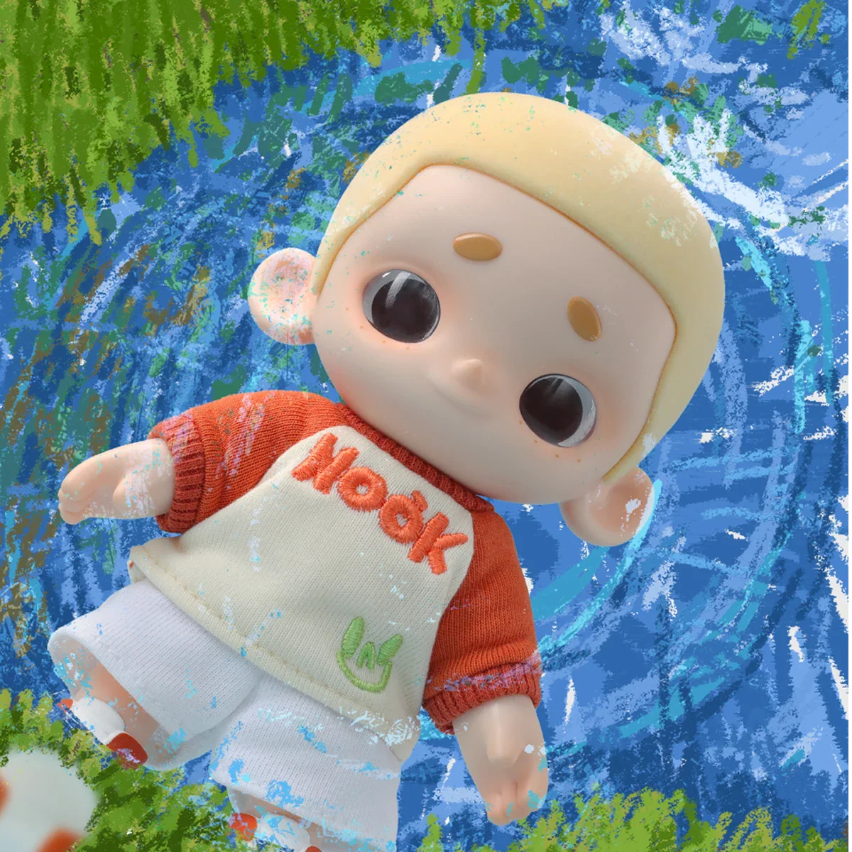NOOK Plush Doll Blind Box First Release - OOTD, featuring a stylized figure in orange raglan-sleeve shirt and white shorts, set against a playful backdrop.