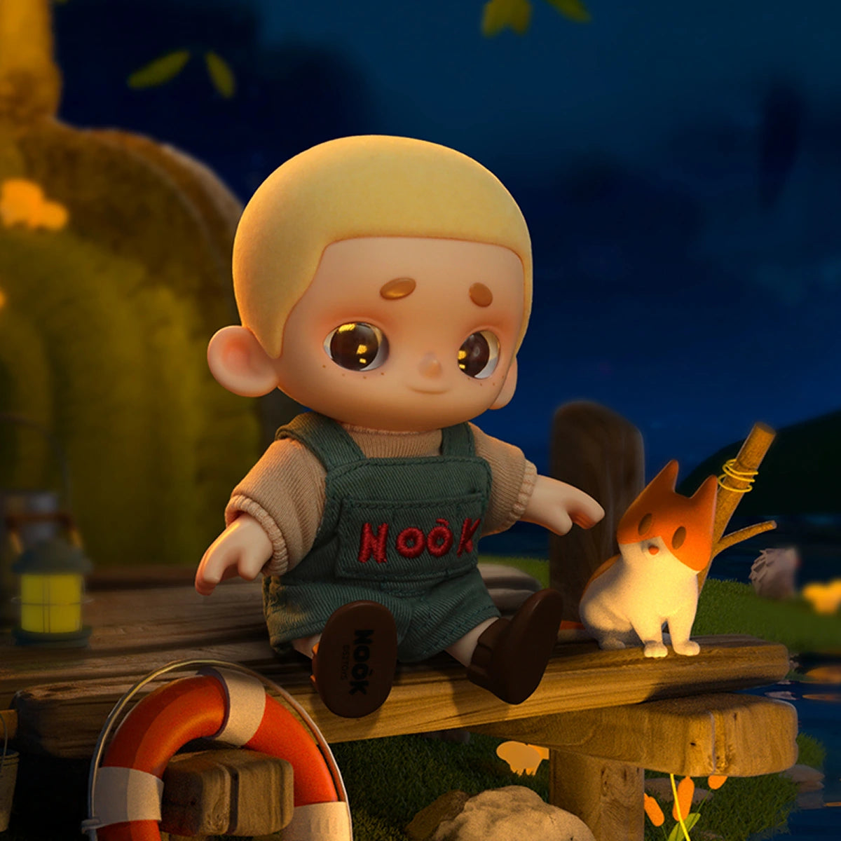 3D-cartoon toddler character with Nook overalls and glowing creature on dock, part of NOOK Plush Doll Blind Box First Release - OOTD.