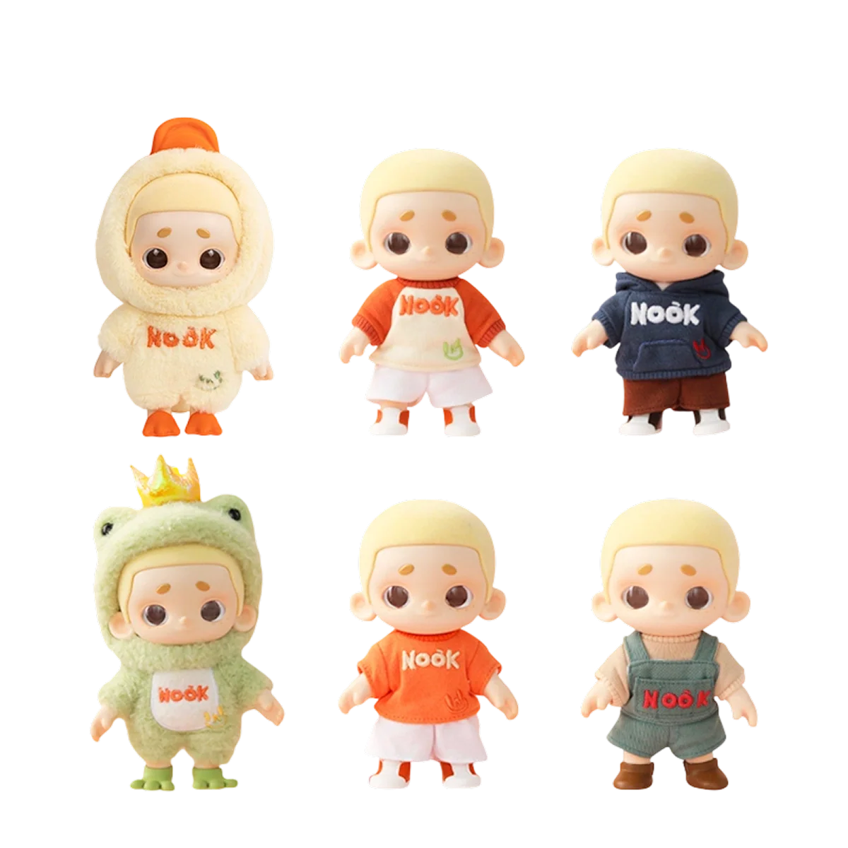 NOOK Plush Doll Blind Box First Release - OOTD features six dolls in varied outfits, including costumes and NOOK branded apparel, perfect for collectors.