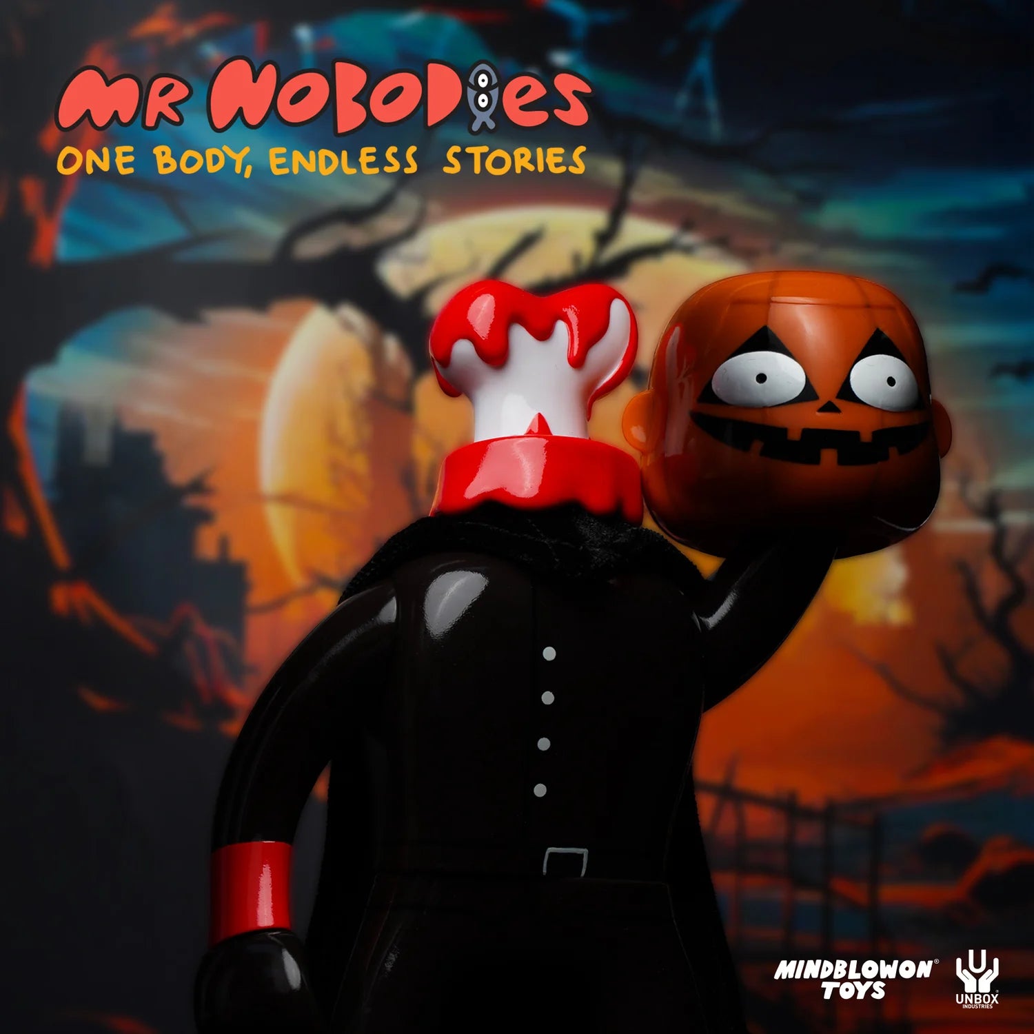Mr Nobodies (Headless Horseman) vinyl art toy holding a pumpkin head, set against a Halloween backdrop; preorder for an imaginative collectible by Mindblown Toys and Unbox Industries.