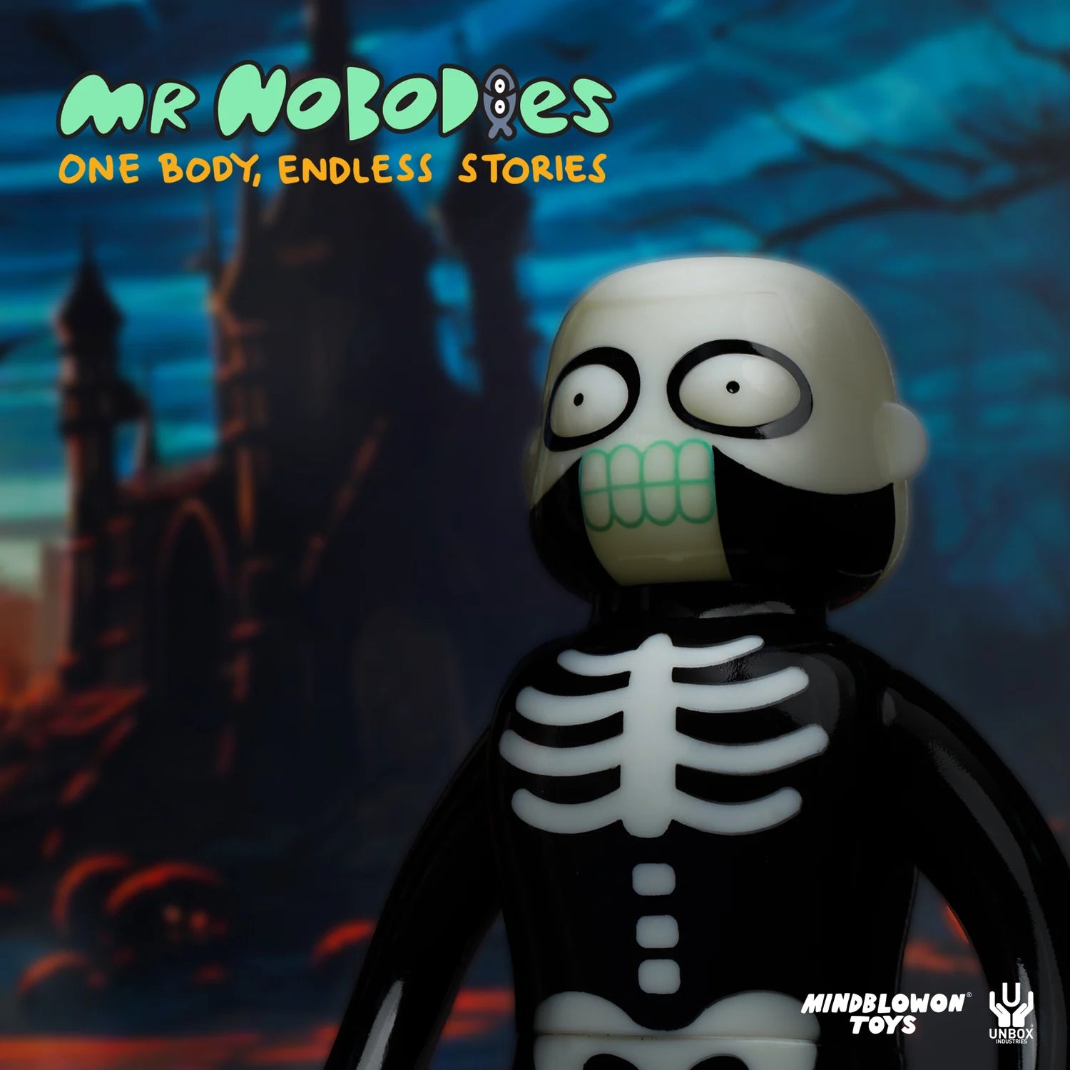 Mr Nobodies Skeleton (GID Green) vinyl figure, featuring a stylized skeleton with skull head, in a spooky castle scene. Preorder for December 2025.