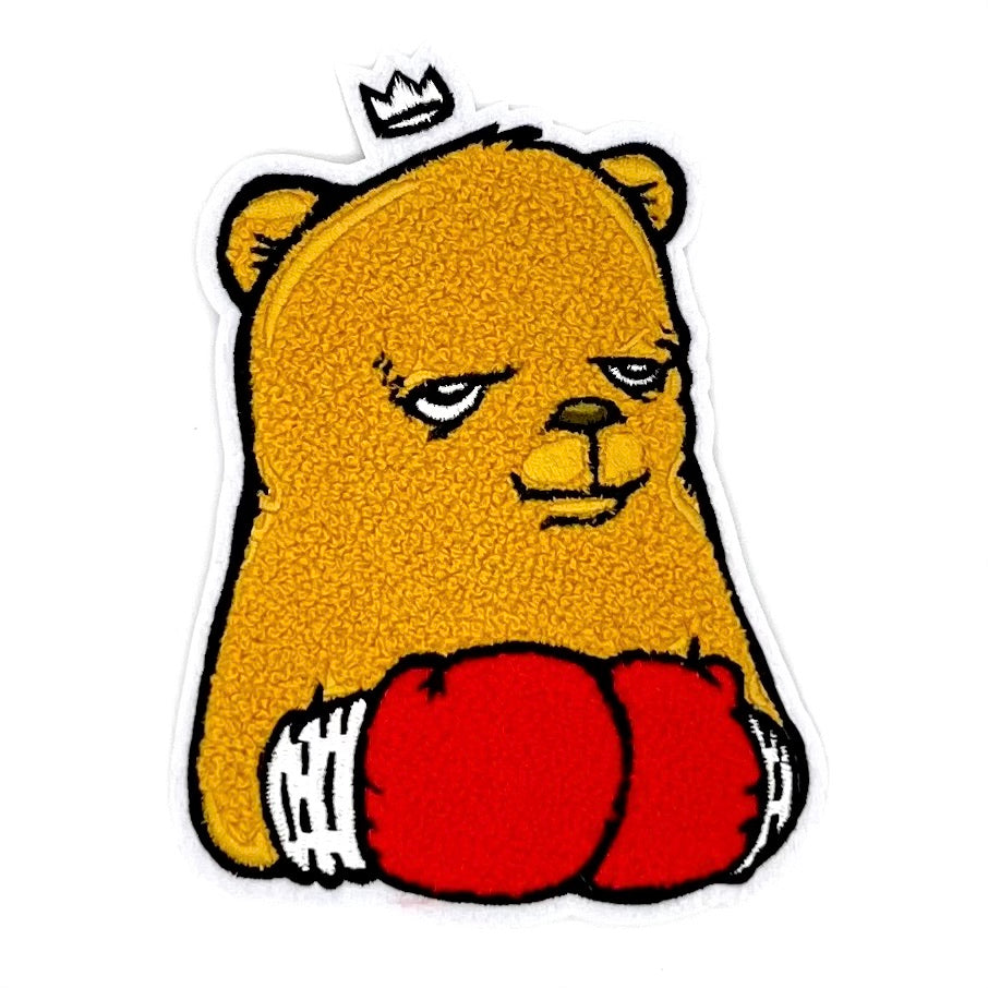 JC Rivera The Bear Champ OG Pose Chenille Patch, featuring a cartoon bear with boxing gloves, 6 tall, with iron-on backing.