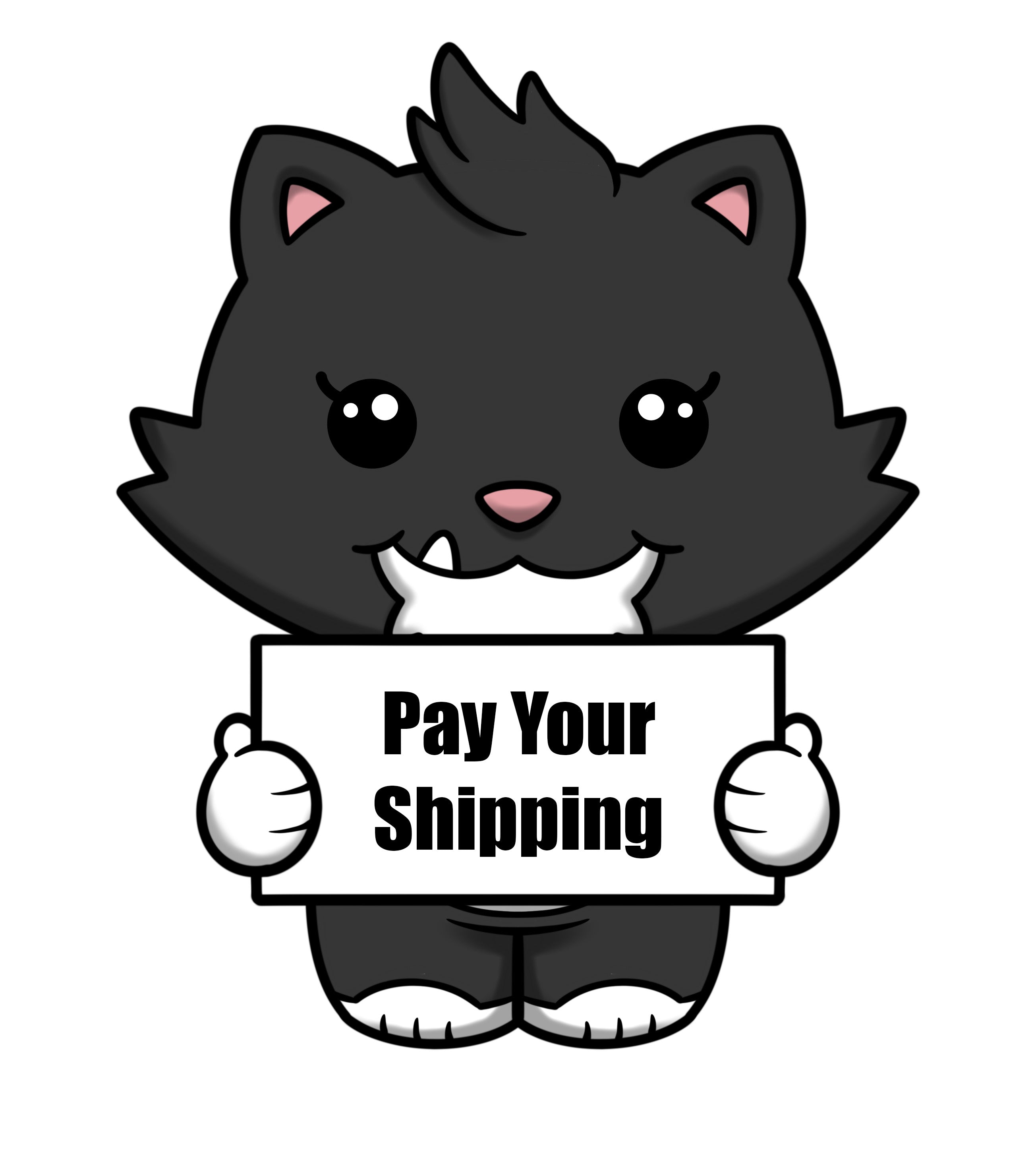 Cartoon cat holding a sign labeled Hold Order Shipping Payment (US ONLY) for shipping fee details of Strangecat Toys' domestic orders under 1.5 lbs.