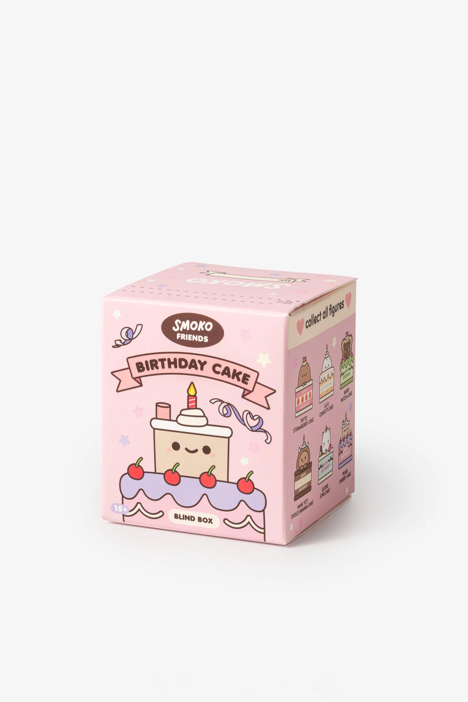 Smoko Friends Birthday Cake Blind Box Figure featuring a pastel-pink package with a smiling cake slice, offering one mystery collectible from six cake-themed characters.