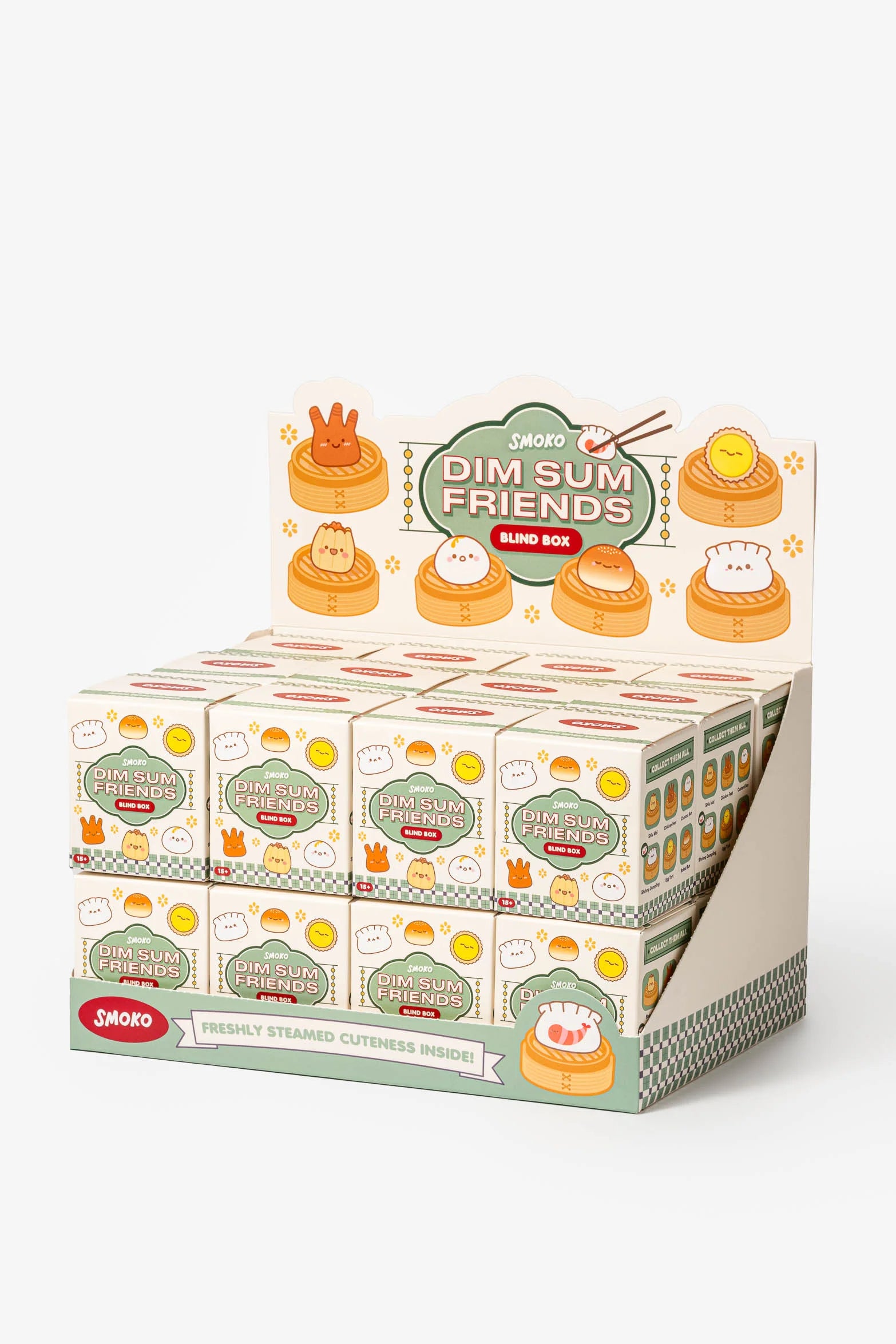 Smoko Dim Sum Friends Blind Box Figure display, featuring cartoon dim-sum characters in bamboo steamers, each box holds a surprise collectible vinyl figurine.