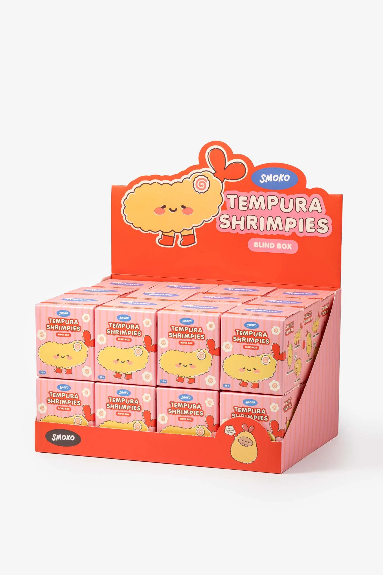 Smoko Tempura Shrimpie Blind Box Figure display with smiling shrimp characters in pink boxes, featuring various collectible figures like Shiso and Udon Shrimpie.