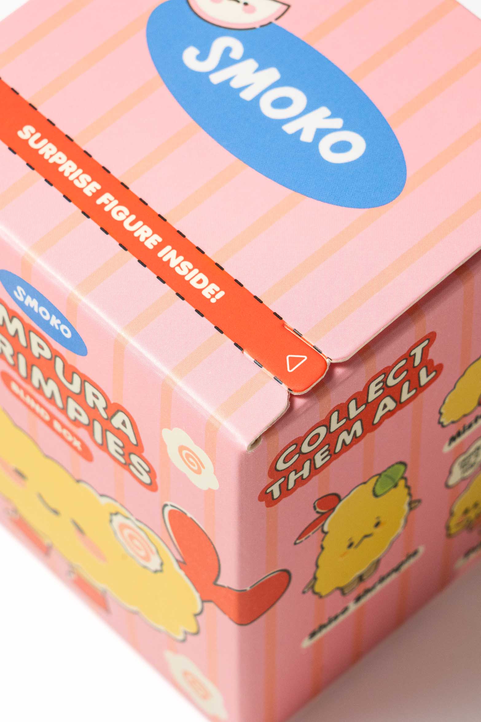 Smoko Tempura Shrimpie Blind Box Figure with surprise collectible vinyl mini-figure. Box features cartoon tempura characters and slogans Collect Them All and Surprise Figure Inside!