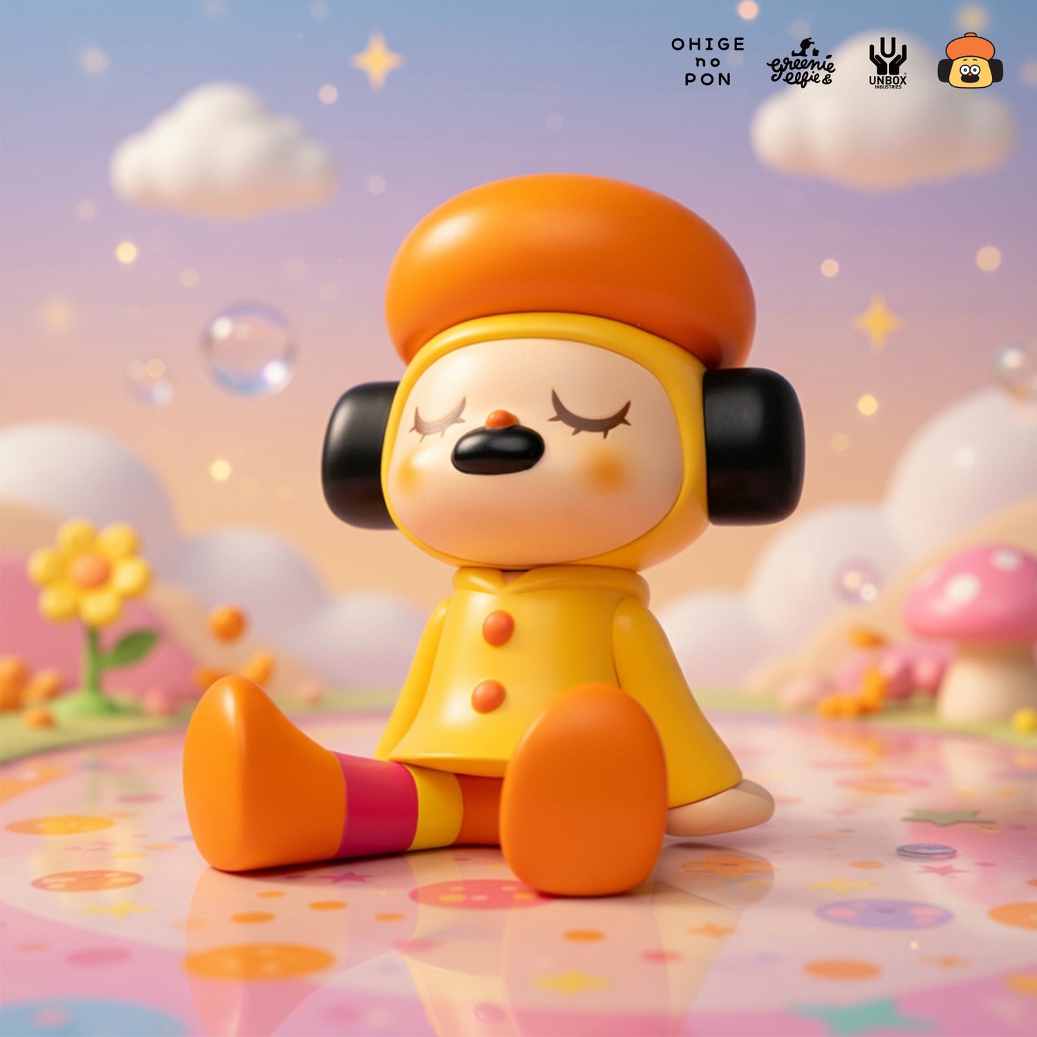 GREENIE OHIGEnoPON EDITION vinyl toy with orange beret, earmuffs, yellow raincoat; seated in a pastel scene. Preorder for May 2026.