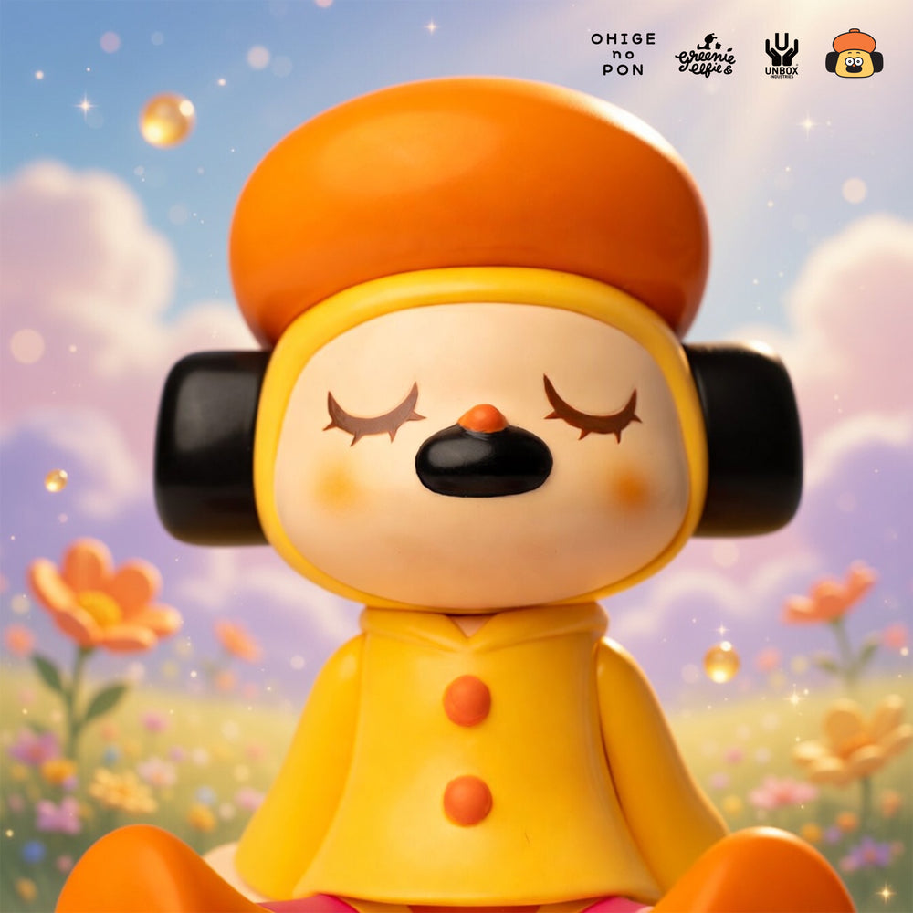 GREENIE OHIGEnoPON EDITION figure in a dreamy meadow, wearing a bright beret and raincoat, with closed eyes and headphones; preorder available.