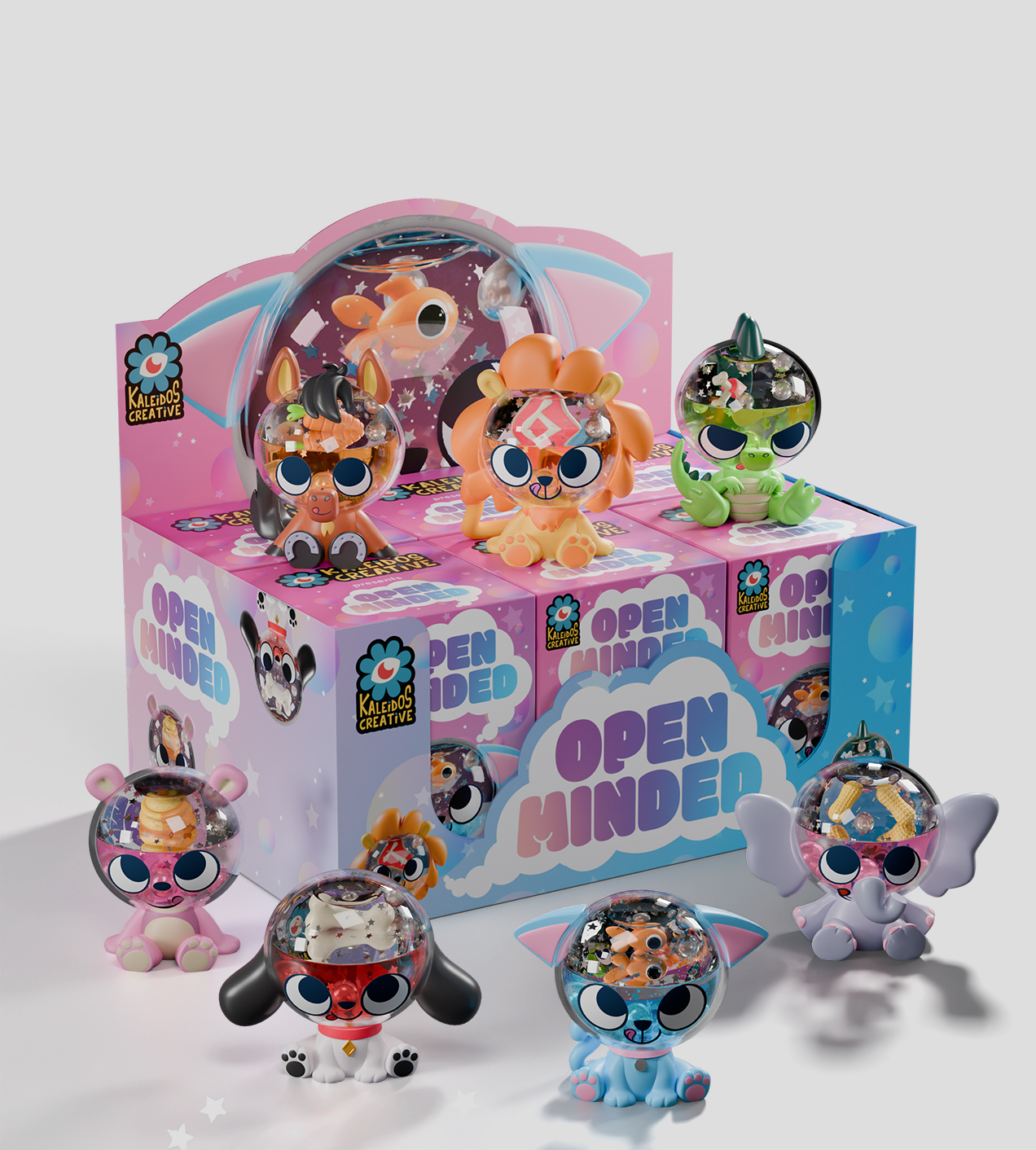 Open Minded Blind Box - Preorder: Display of collectible toys with kaleidoscope-head animals, showcasing trinkets inside. Includes six designs and one secret figure.