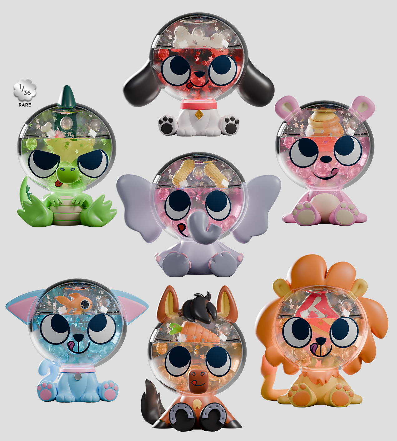 Open Minded Blind Box - Preorder featuring seven chibi animal figures with clear heads, each displaying unique floating objects. Collectible vinyl toys from Strangecat Toys.