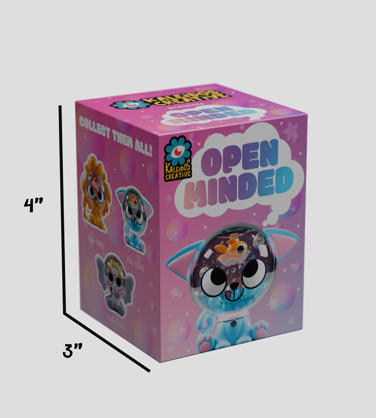 Open Minded Blind Box - Preorder: Cartoon kitten figure with transparent head filled with water, glitter, and fish. Part of a 1-of-6 collectible series.