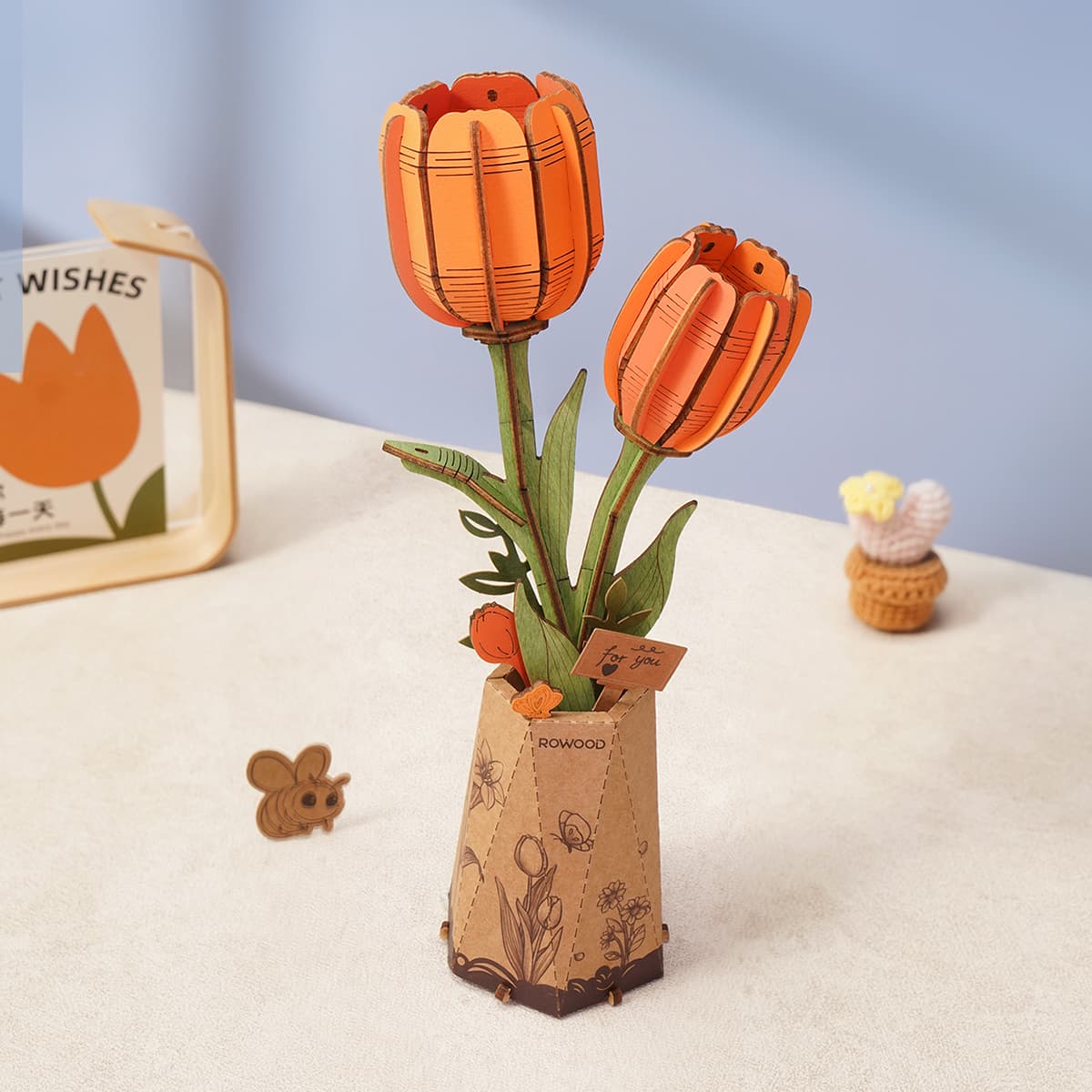 DIY Wooden Flower Orange Tulip TW081 in vase, 96-piece assembly, crafted from natural wood, ideal for decoration or gifting, reflecting poetic and romantic blooming flowers.
