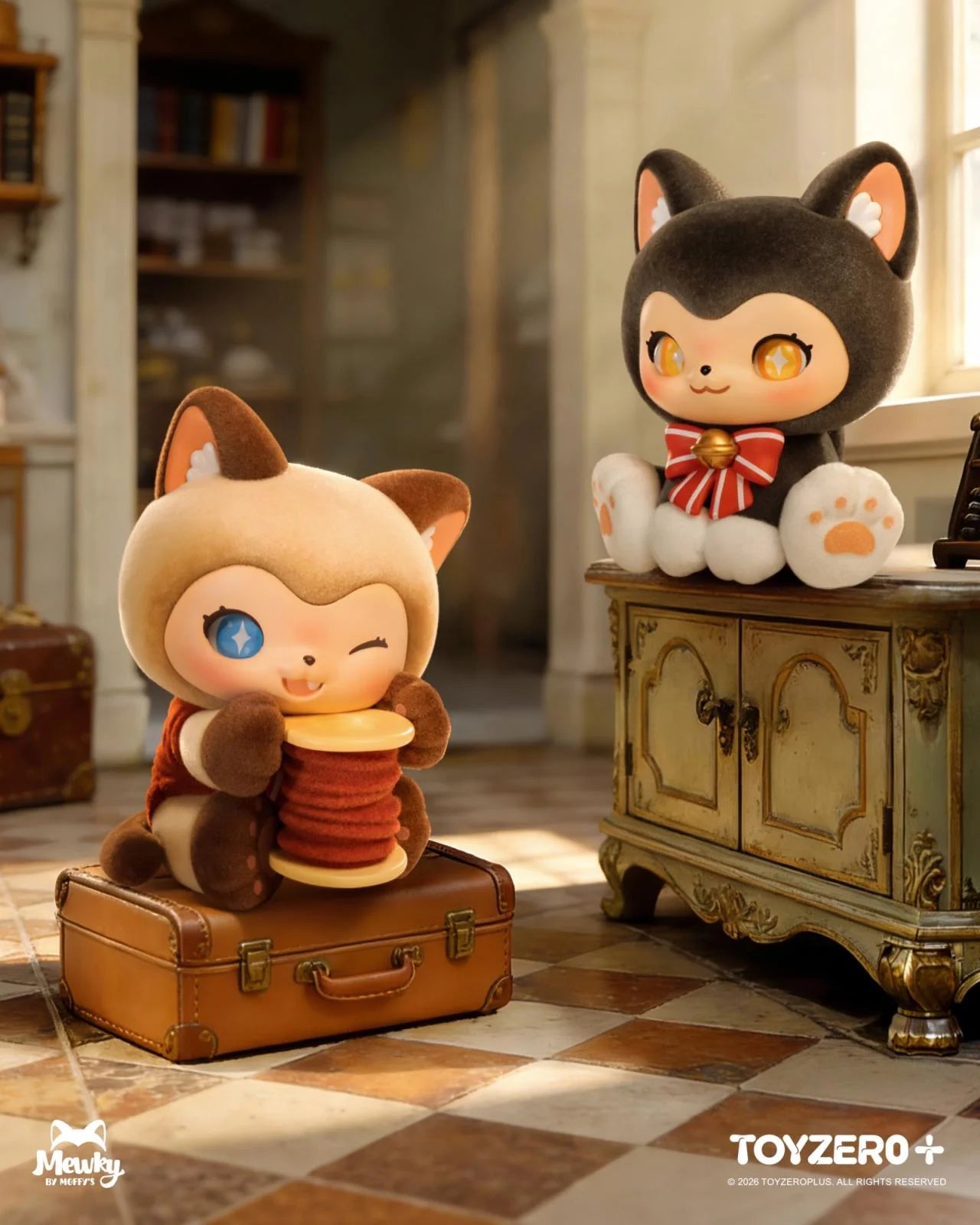 MOFFY'S Magic Tailoring Shop - The Magic Furry Mewky Blind Box featuring collectible stylized cat figures on vintage furniture, showcasing intricate designer details and craftsmanship.