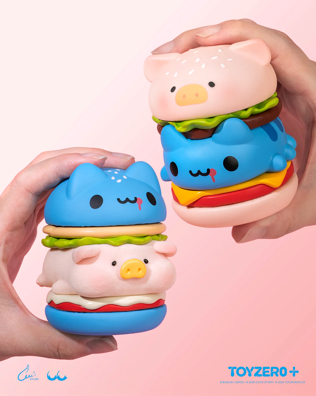 LuLu the Piggy x Capoo - LuLuBurger toys with animal layers in colorful buns, featuring detachable magnetic pieces for creative stacking.