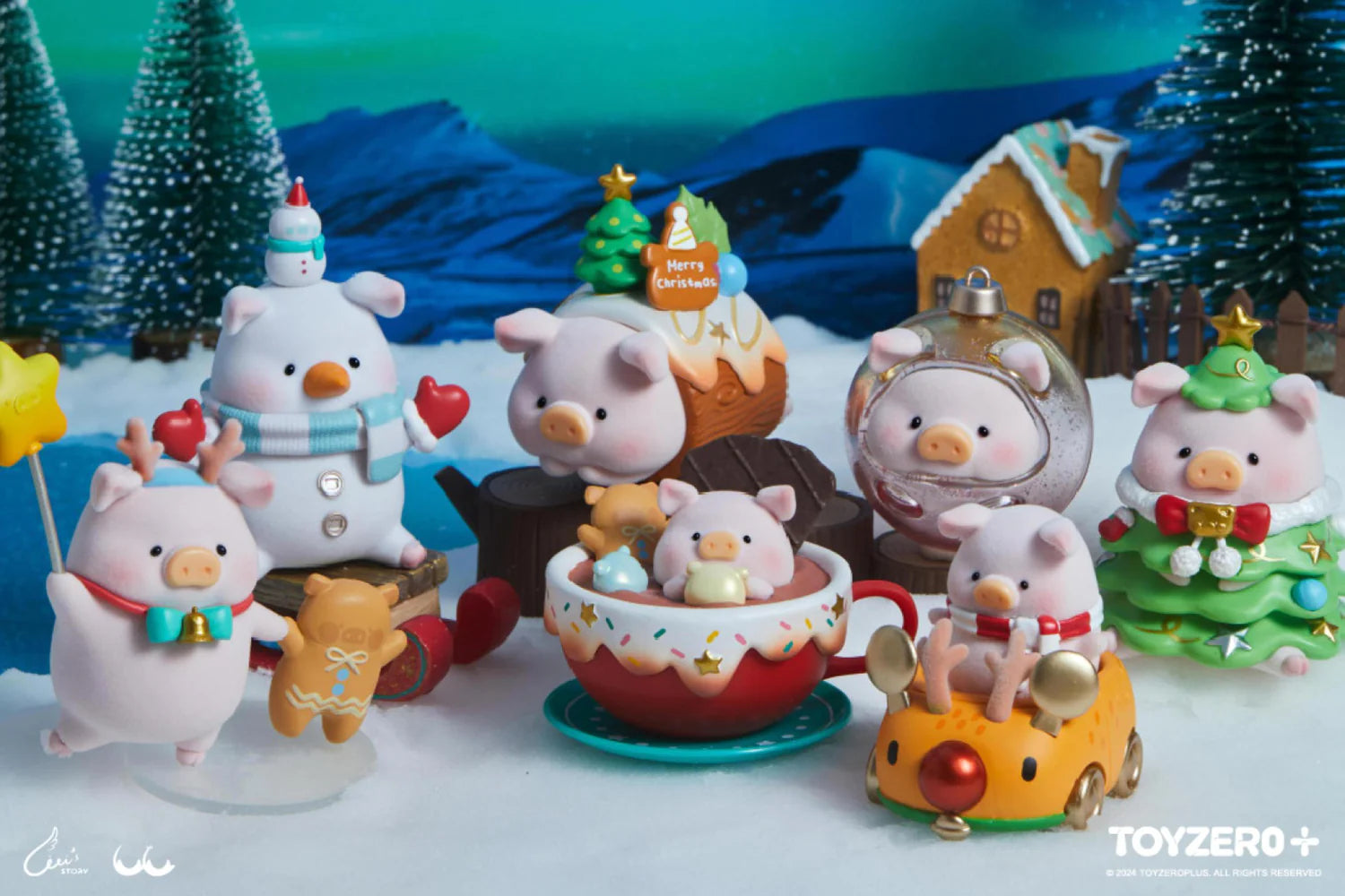 LuLu The Piggy Christmasland blind box, featuring pig figurines in festive settings like snow and a Christmas tree; part of a collectible, surprise toy series.