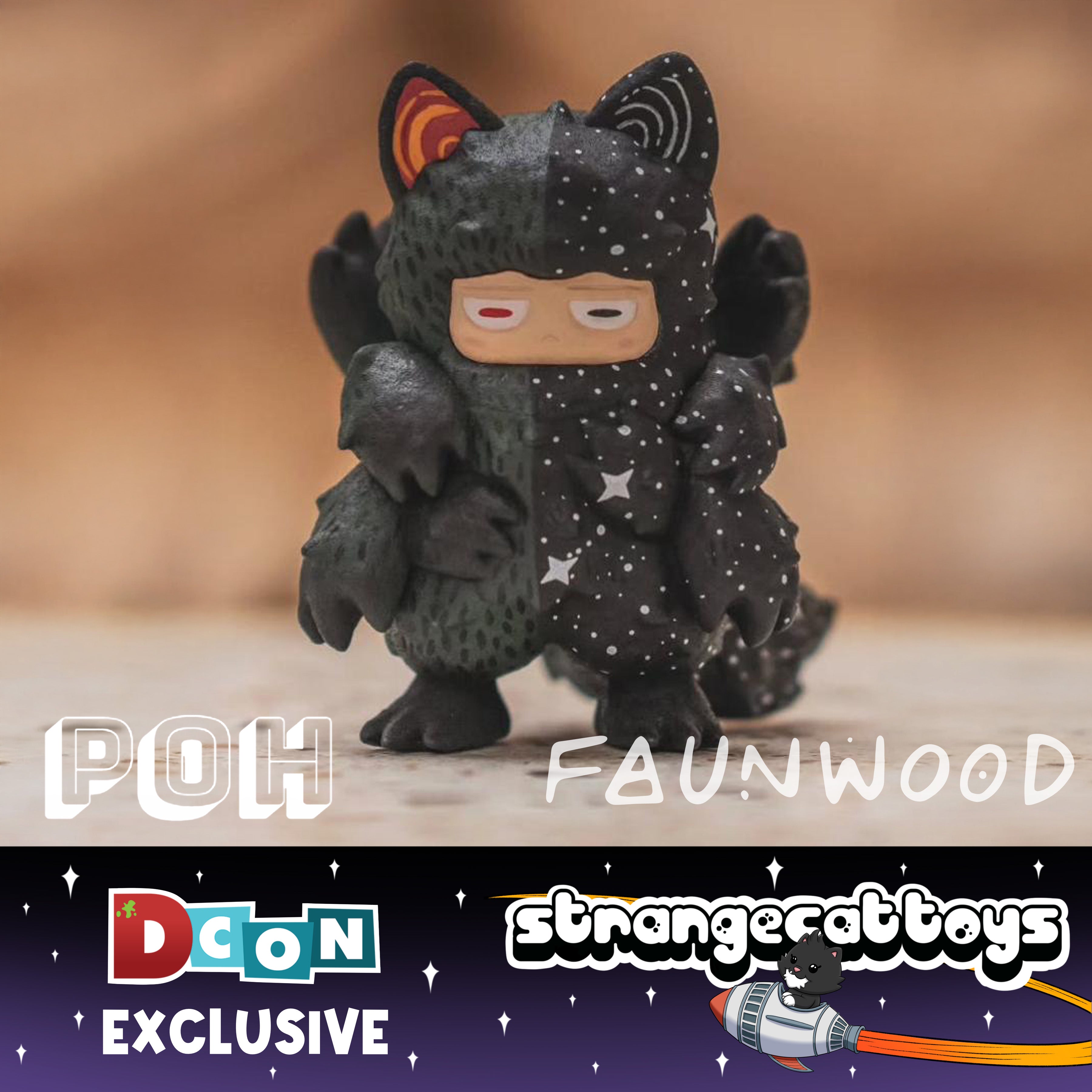 POH x Faunwood 2 collectible: vinyl cat-creature with mossy fur and starry night pattern, featuring eight arms. DesignerCon exclusive by StrangeCatToys.