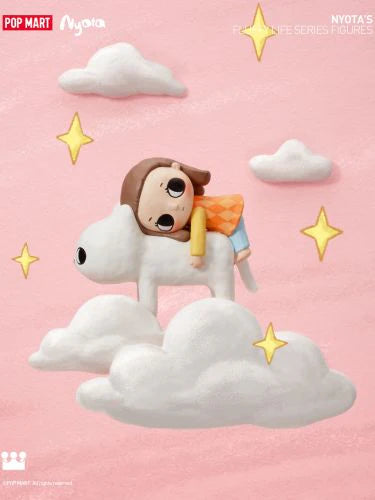 Alt text: Nyota's Fluffy Life Blind Box Series featuring a cartoon girl figurine lying on a sheep, available for preorder, ships July 2024.