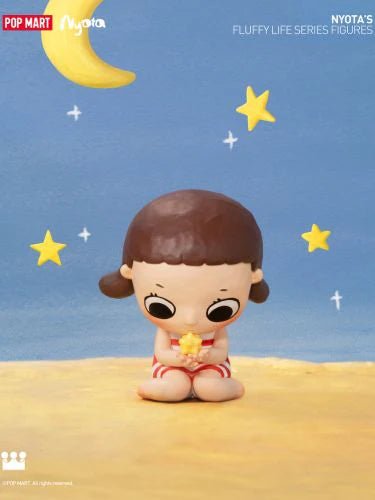 Nyota's Fluffy Life Blind Box Series figurine: girl sitting on sandy beach. Preorder for July 2024. 12 designs, 1 secret.