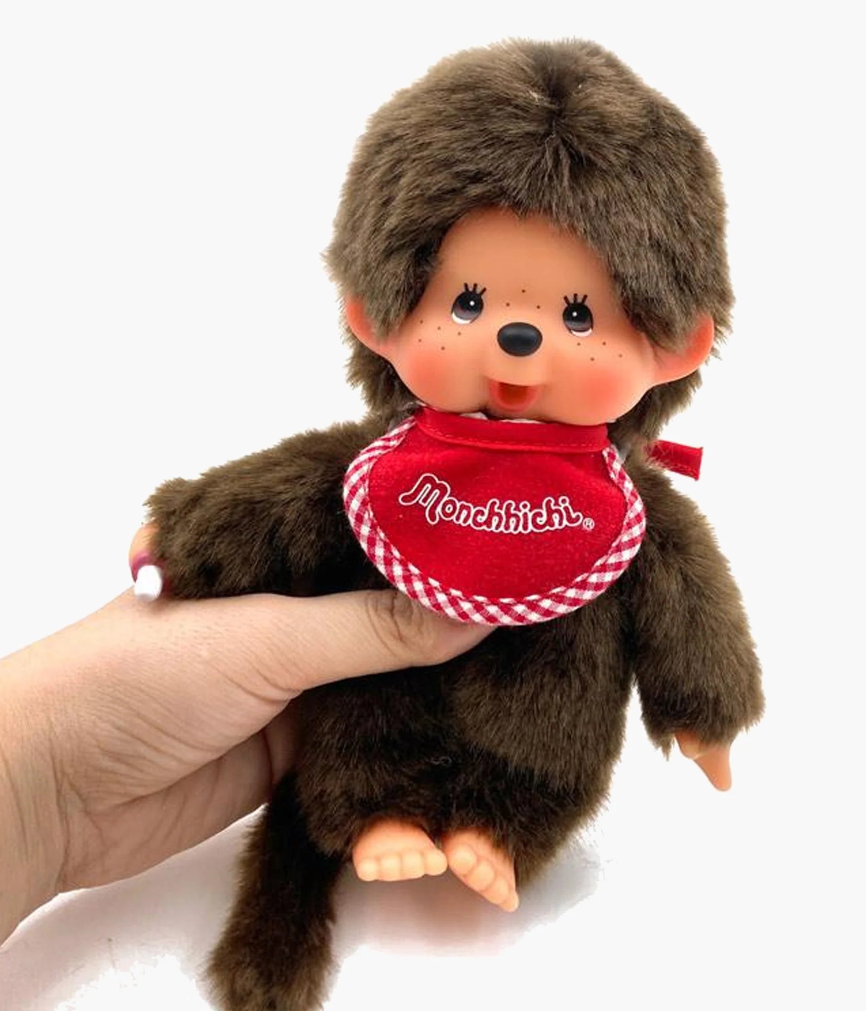 Monchhichi - Premium Standard Boy Small Plush, a 7 Japan Edition doll with a furry body, vinyl features, and signature red bib.