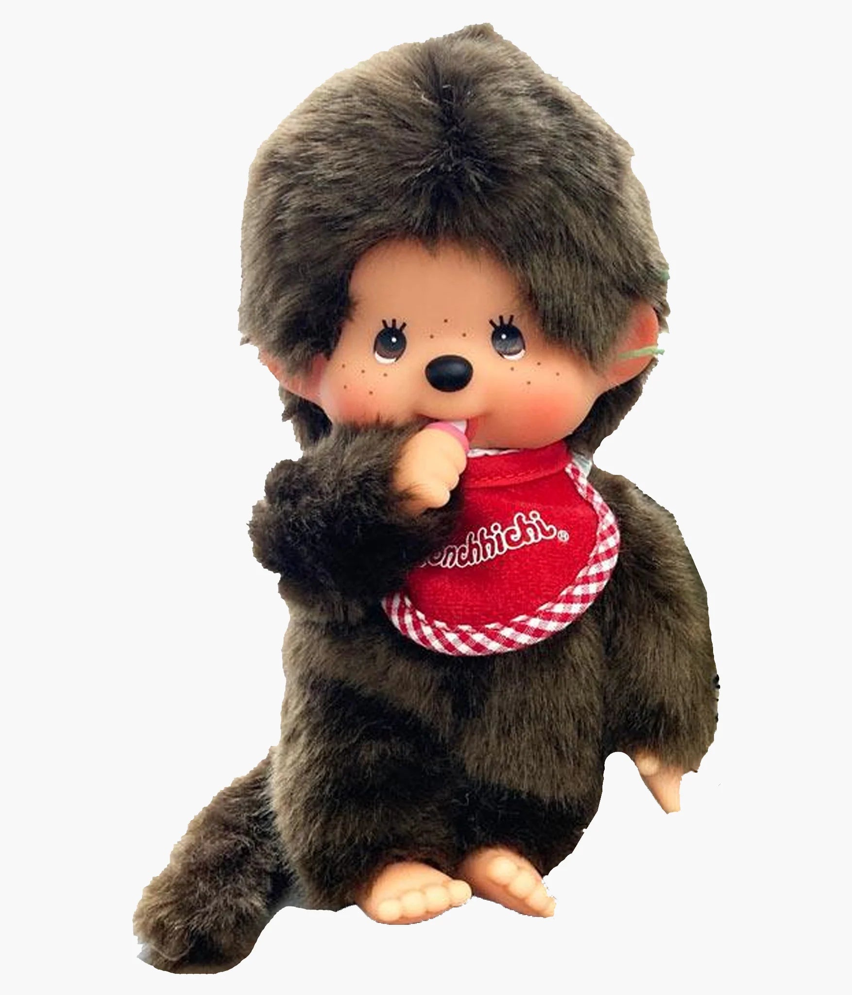 Monchhichi - Premium Standard Boy Small Plush, Japan Edition: Plush monkey-like toy with furry body, vinyl face, red bib, thumb-sucking feature, approx 7 tall.