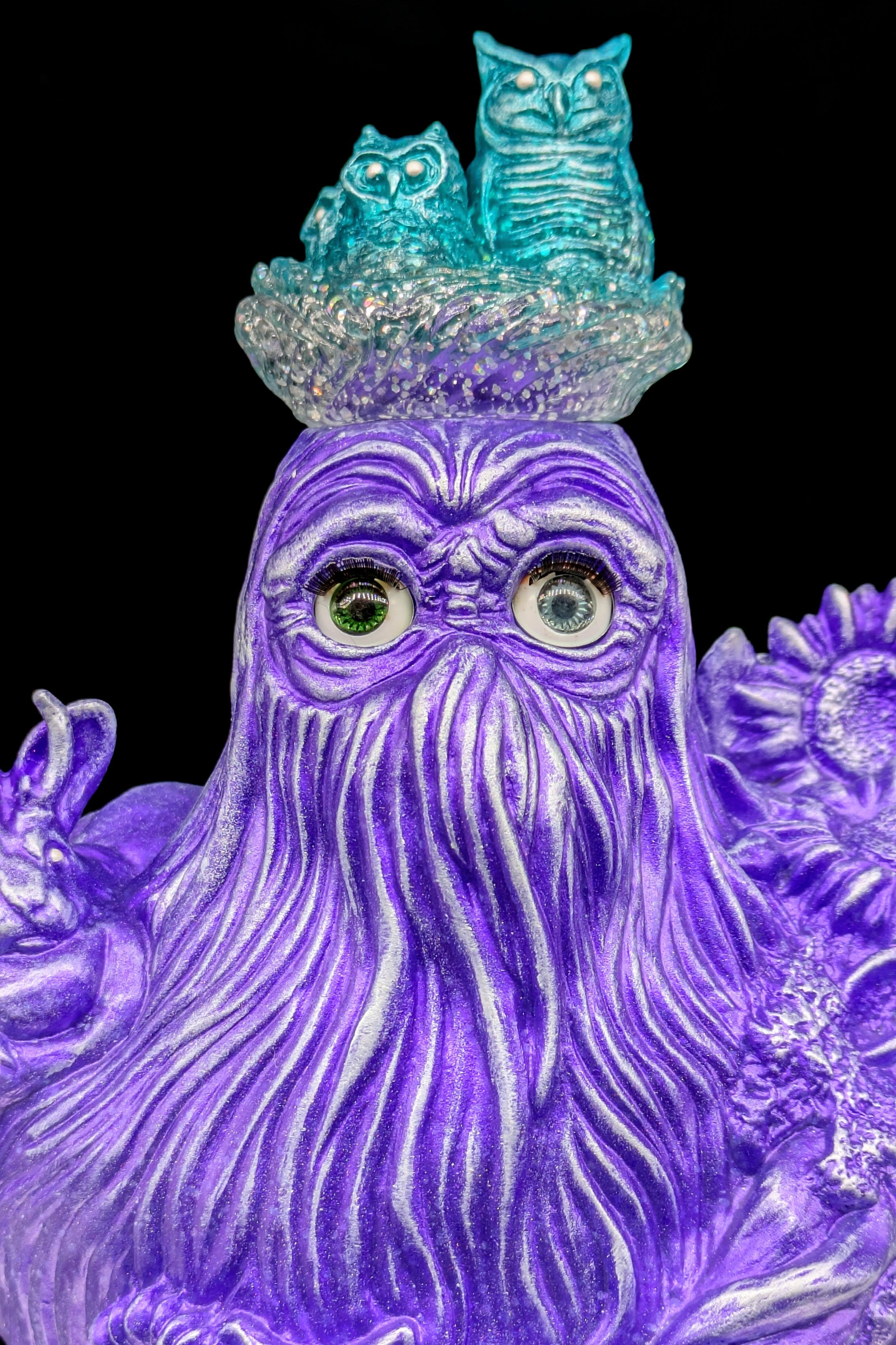 Present Sorcery - Papa Squatch 1-off by Wonder Goblin: A fanciful, hand-painted sculpture with tentacle-like beard, glassy eyes, and intricate elements like owls and a rabbit.