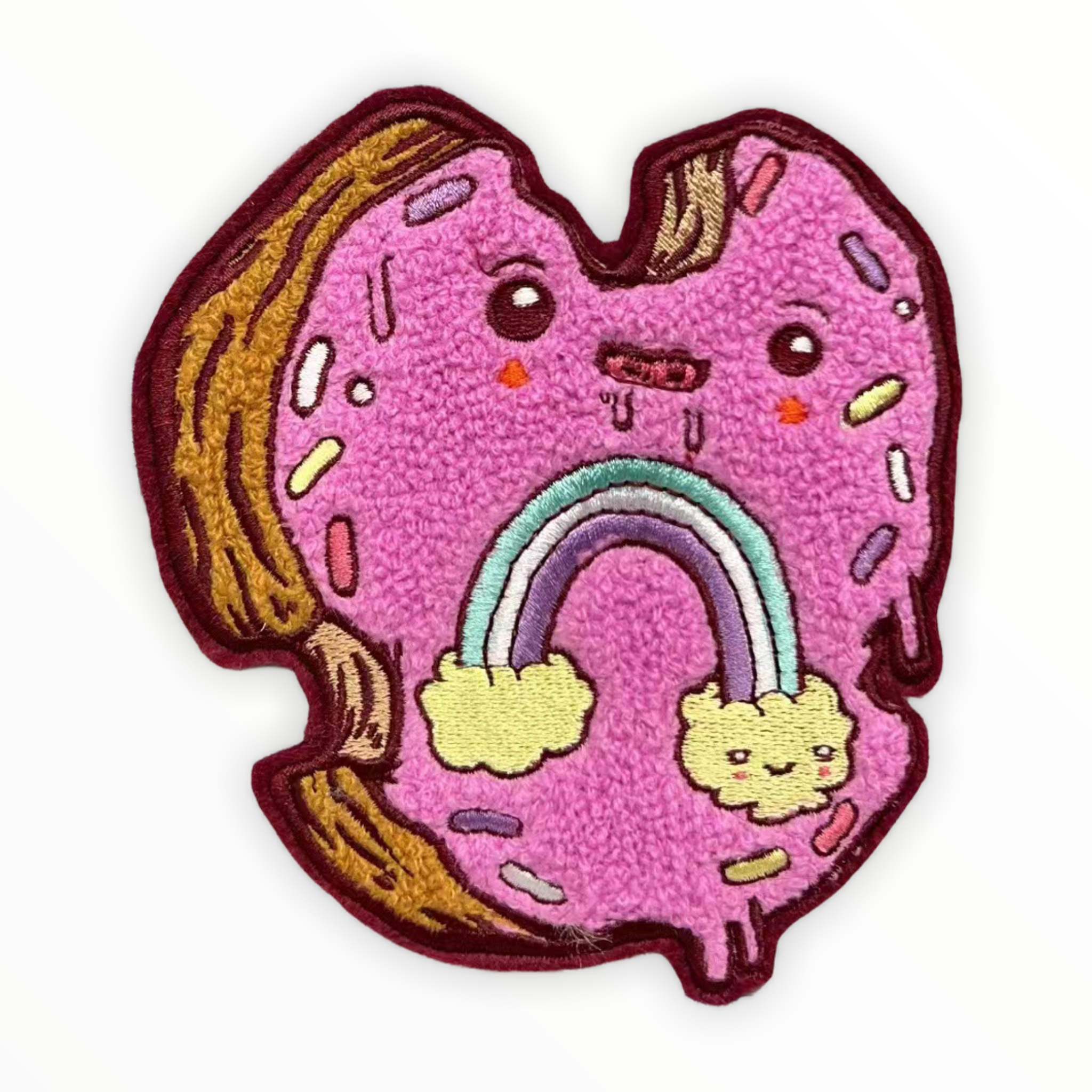 Elloo Chenille Patch featuring a rainbow design, 5 tall with iron-on backing, created by Chicago artist Elloo, available at Strangecat Toys.