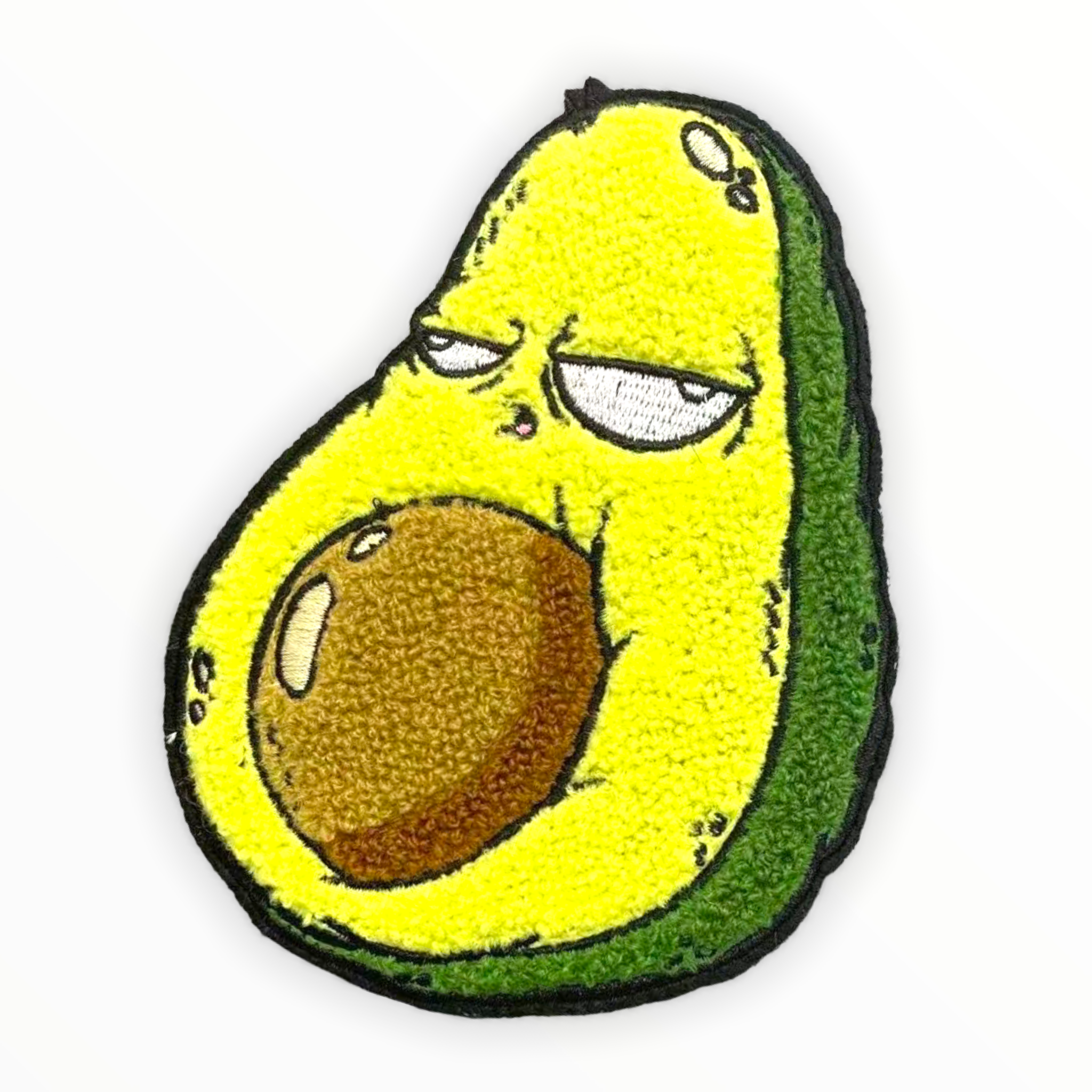 Birdmilk Avocado Joe Chenille Patch, 5 tall, featuring a stylized avocado character with iron-on backing. Created by Chicago artist Birdmilk for Strangecat Toys.