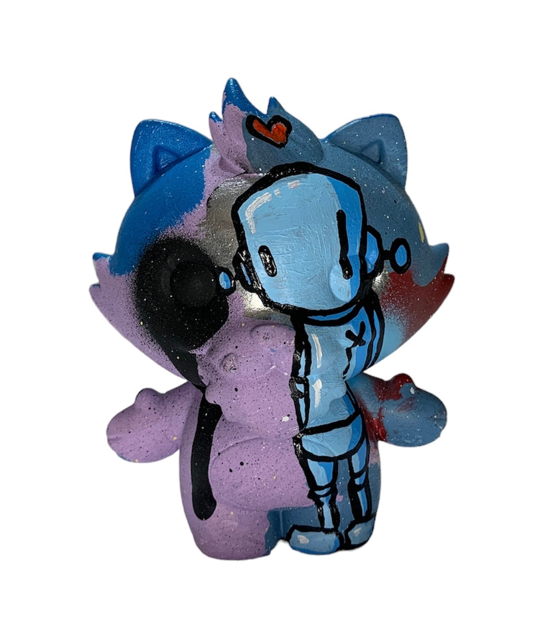 A close-up of a cartoon toy by Chris RWK, 4 inches tall, mixed medium on vinyl.