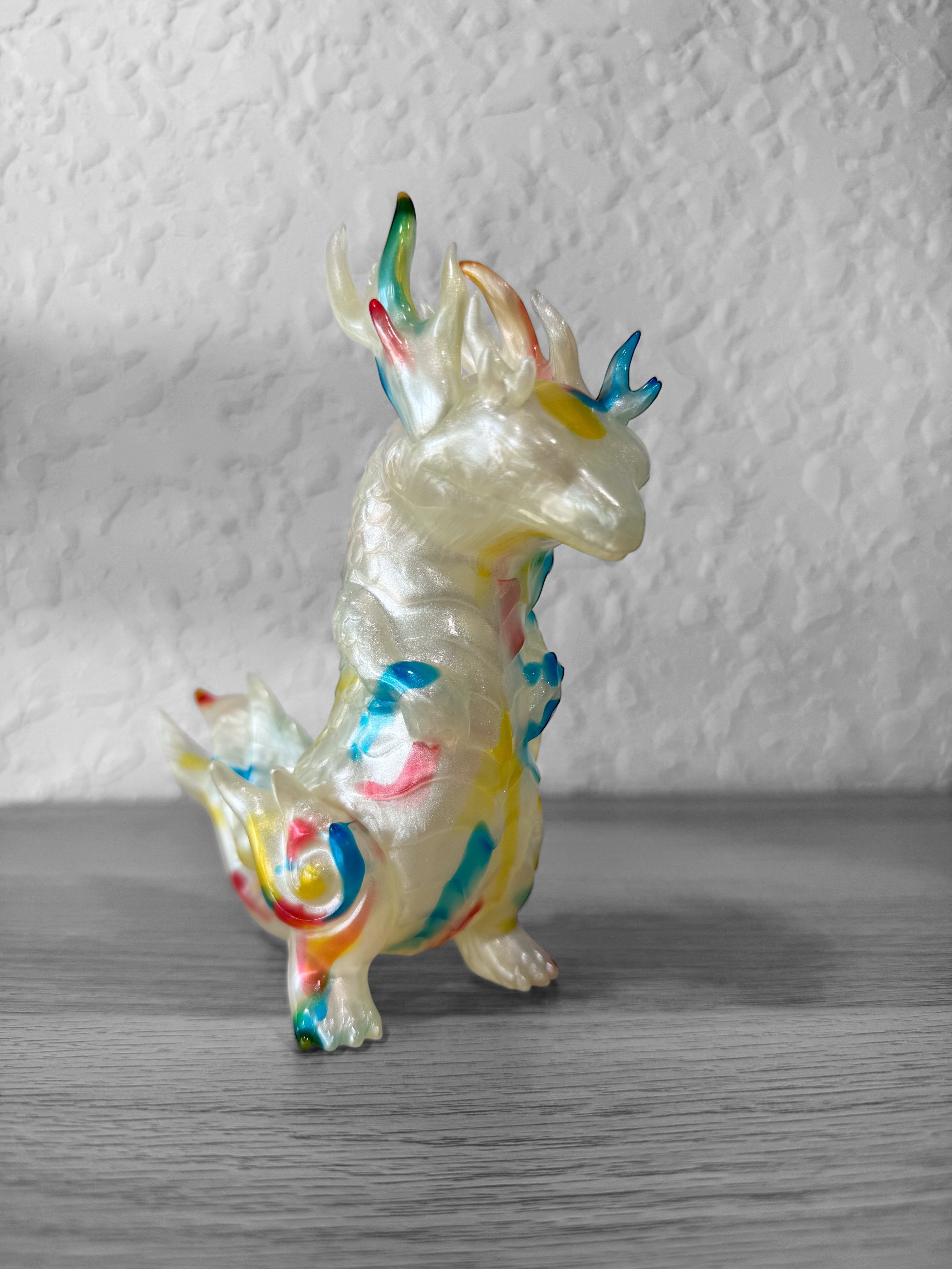 Rinkaku - Marble Rainbow Pearl by CORE Kashi, a 15cm Japanese soft vinyl dragon figure with intricate design, 18cm from nose to tail.