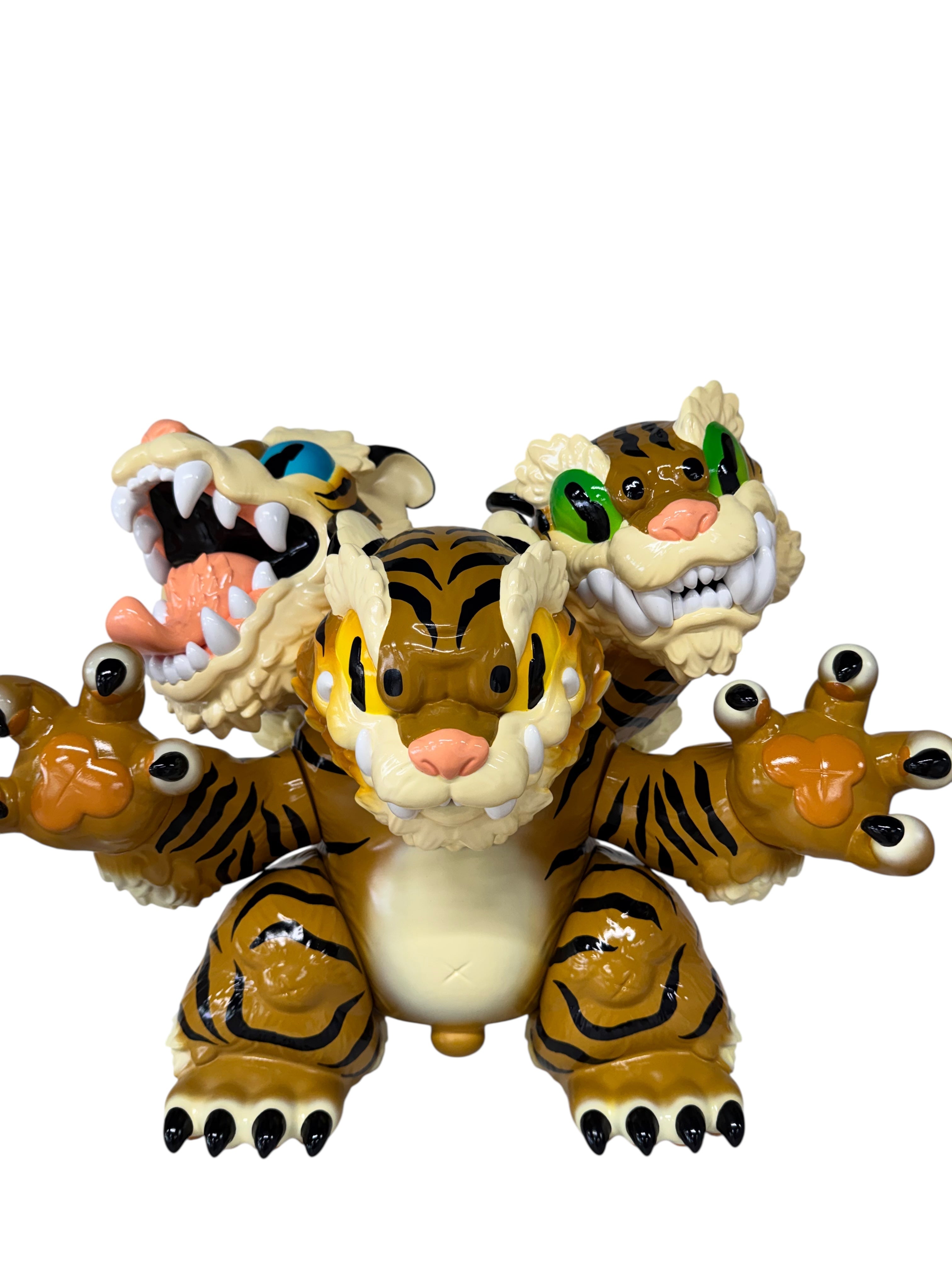 Three Headed Fierce Tiger Koshow by Grape Brain, a 6-inch soft vinyl toy, features intricate paint design by Candie Bolton, limited edition of 100 pieces.