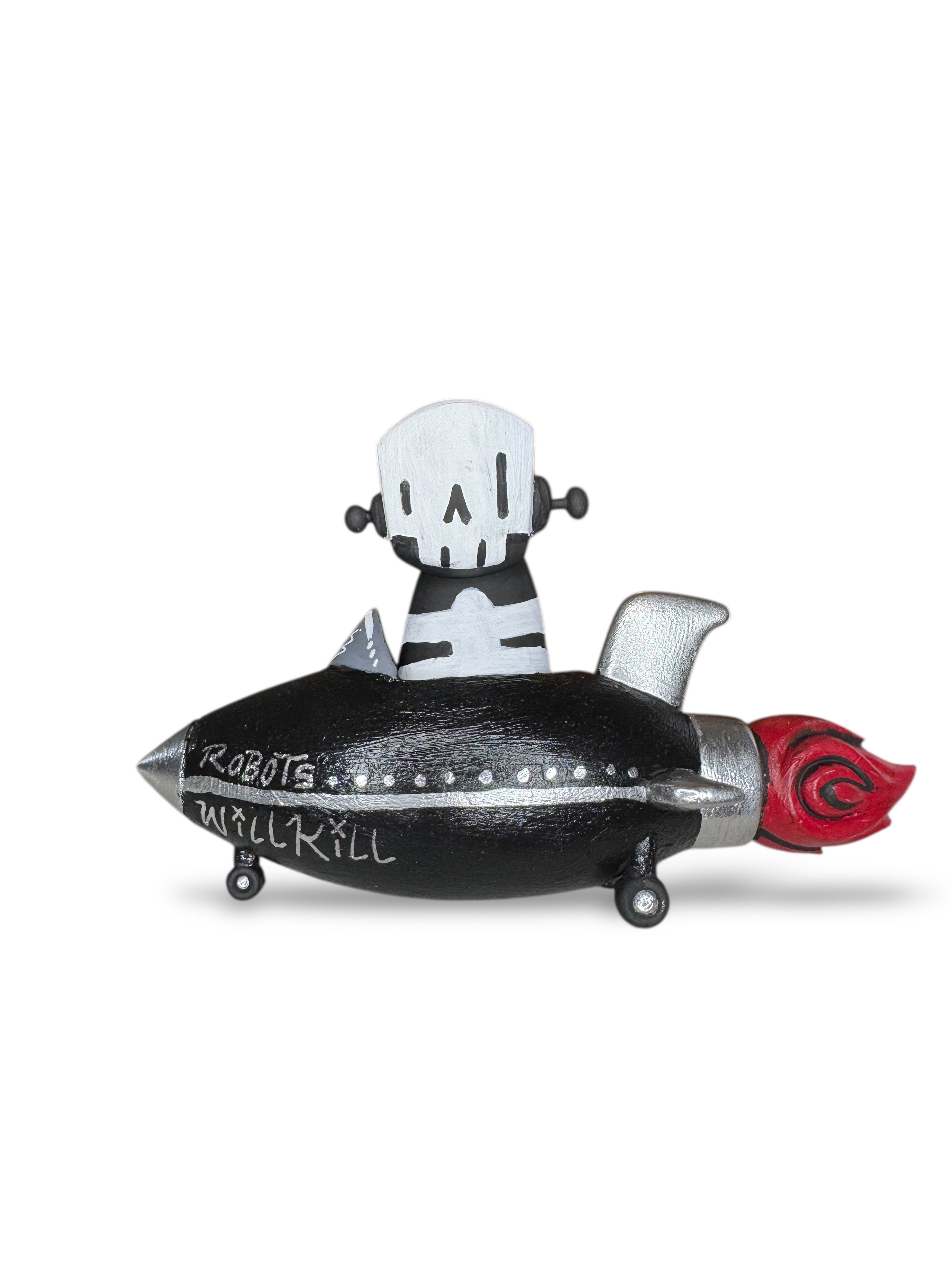 Time Will Tell - Rocket robot series Into the void by Chris RWK, features a black rocket with a skull-headed figure and ROBOTS WILL KILL text.