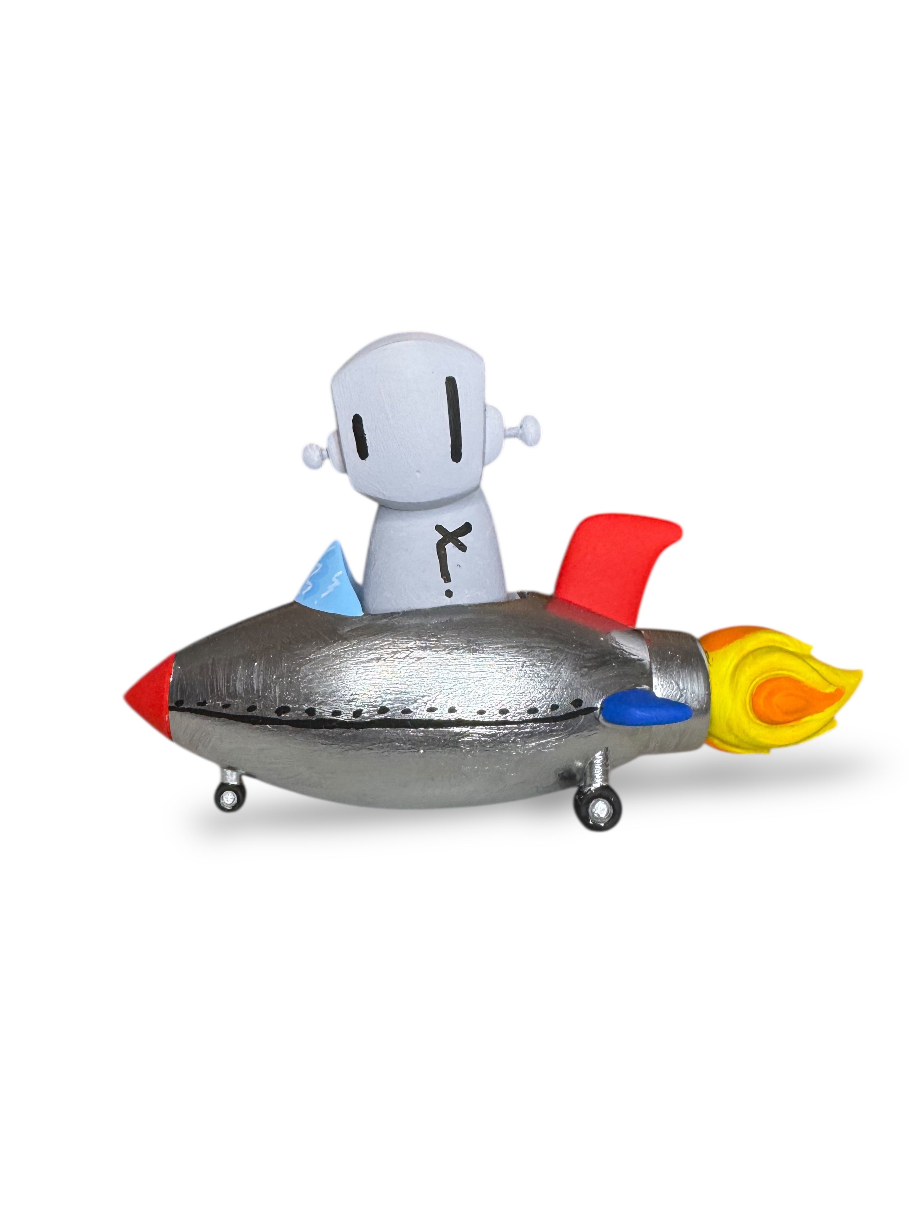 Time Will Tell - Rocket robot series 'To the moon and back' by Chris RWK: A playful, resin rocket-ship model with robot, 4x6 inches, mixed media collectible.