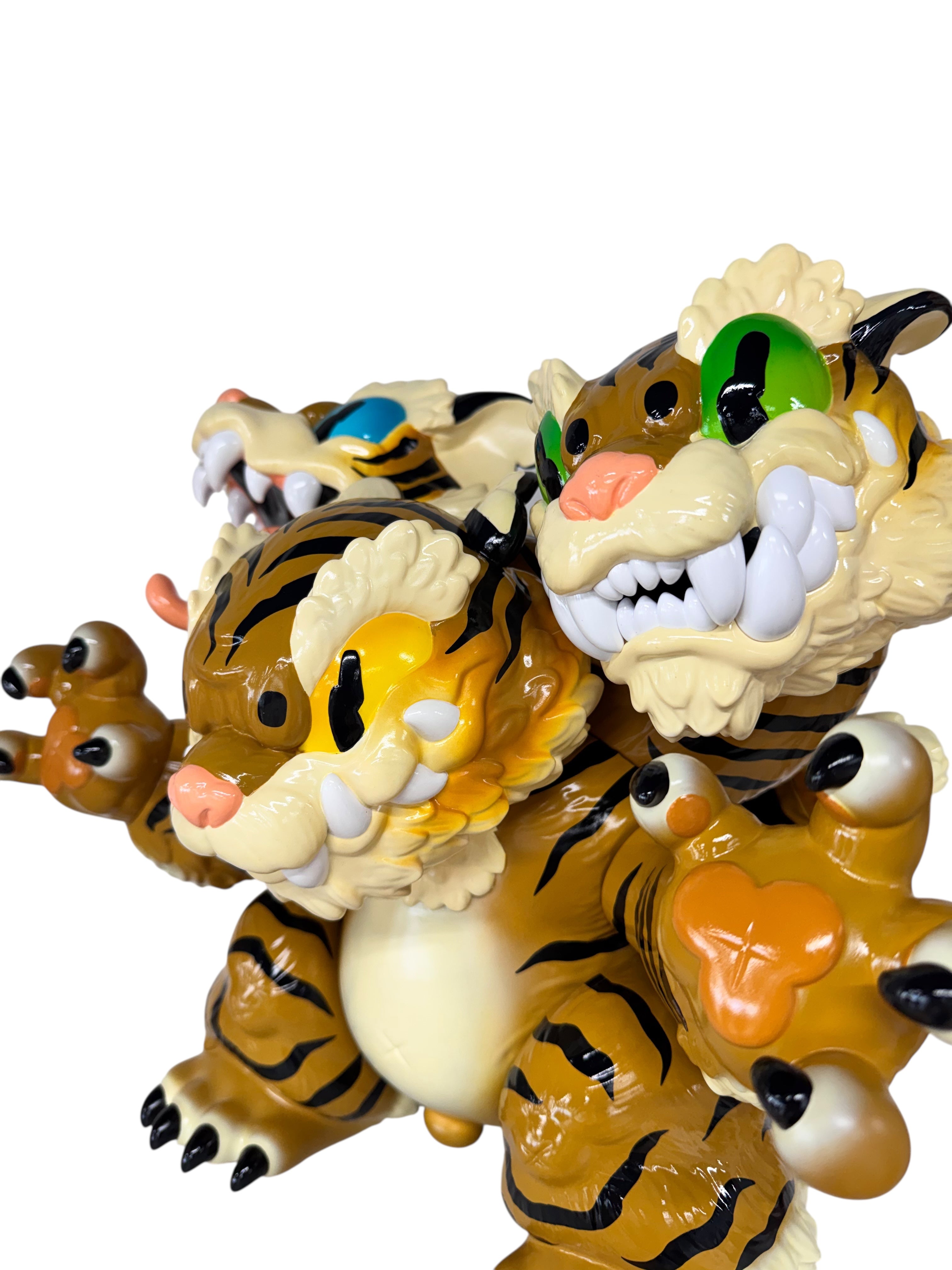 Three Headed Fierce Tiger Koshow by Grape Brain, a 6-inch soft vinyl stuffed toy, featuring a unique design by Candie Bolton, limited to 100 pieces.
