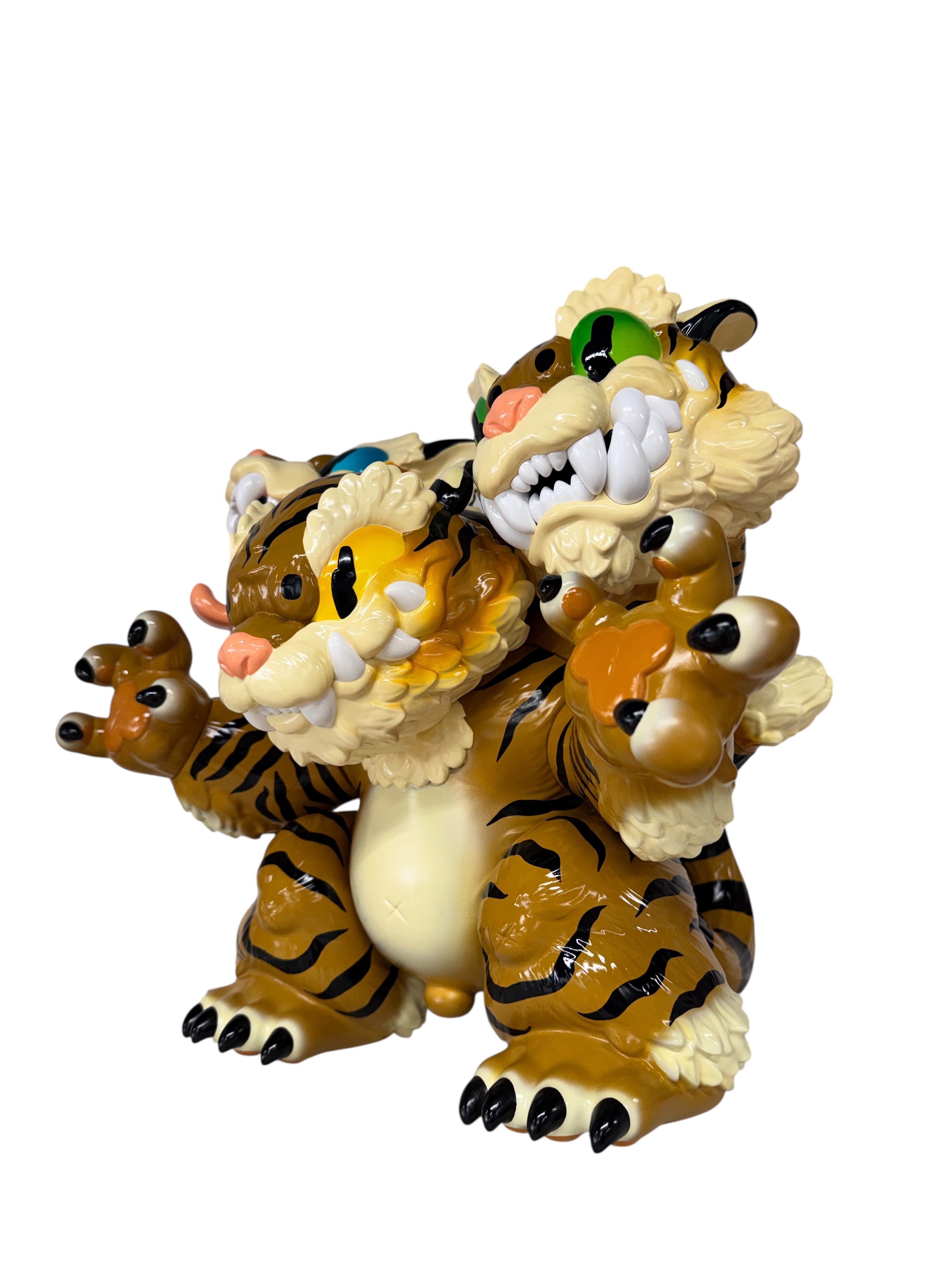 Three Headed Fierce Tiger Koshow by Grape Brain, a 6-inch soft vinyl toy with intricate paint design by Candie Bolton, showcasing a unique three-headed tiger figure.