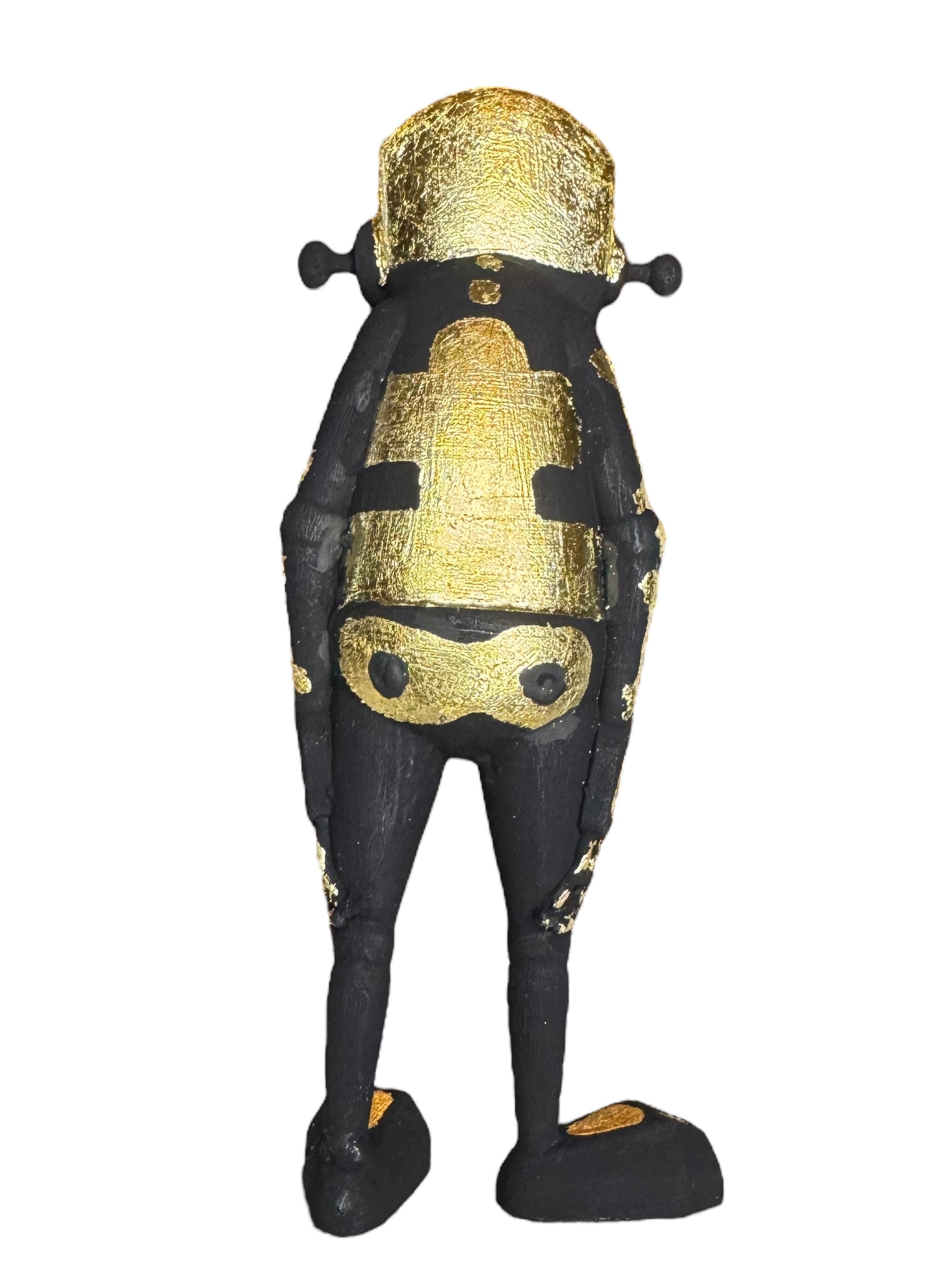 Time Will Tell - Stand tall series Black and gold by Chris RWK: 6 resin figurine with matte black and gold leaf, resembling an armored, insect-like sculpture.