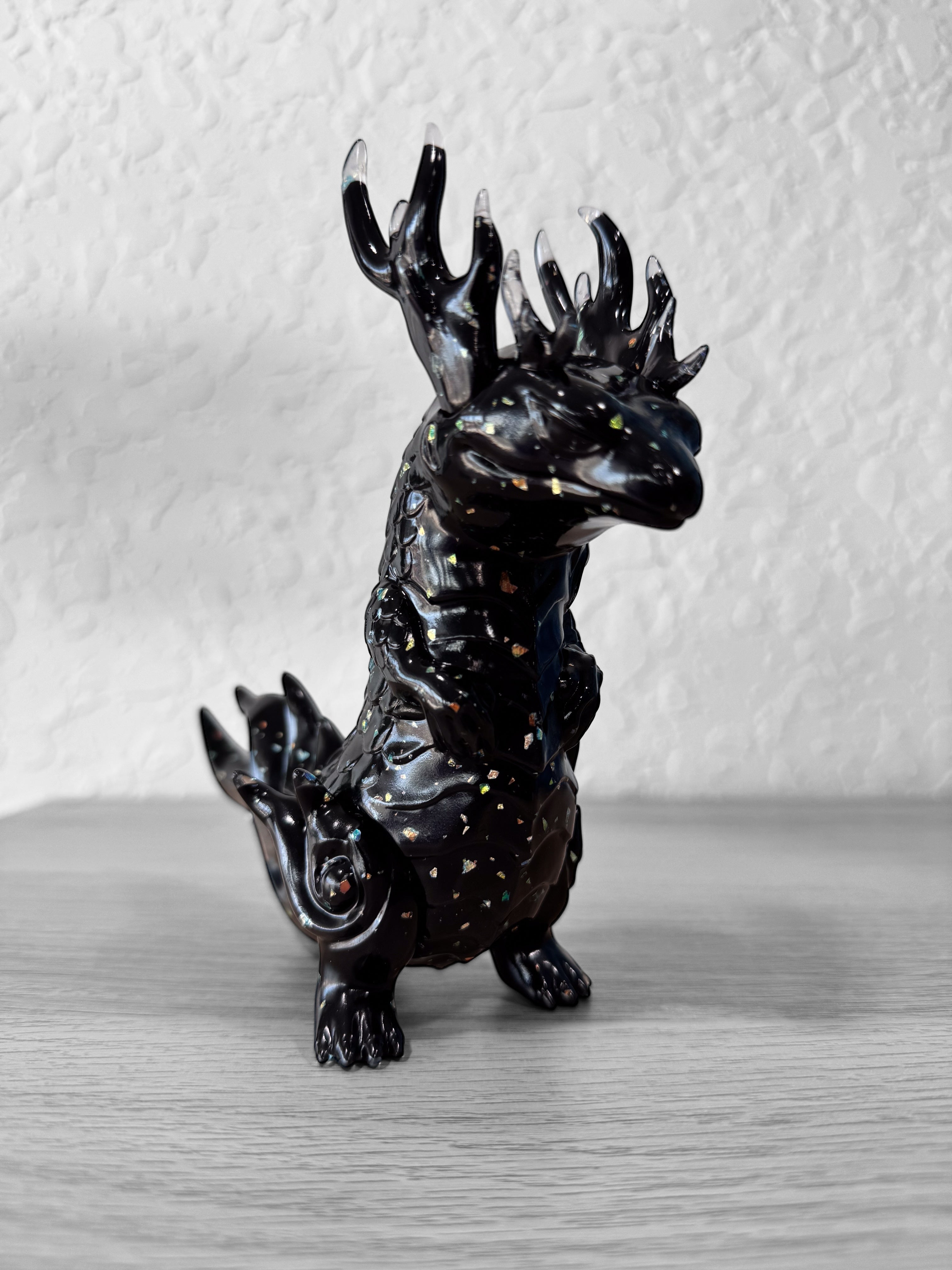 Rinkaku - Fake Mother of Pearl by CORE Kashi: a black dragon statue with gold specks, crafted from Japanese soft vinyl, 15cm tall, 18cm long.