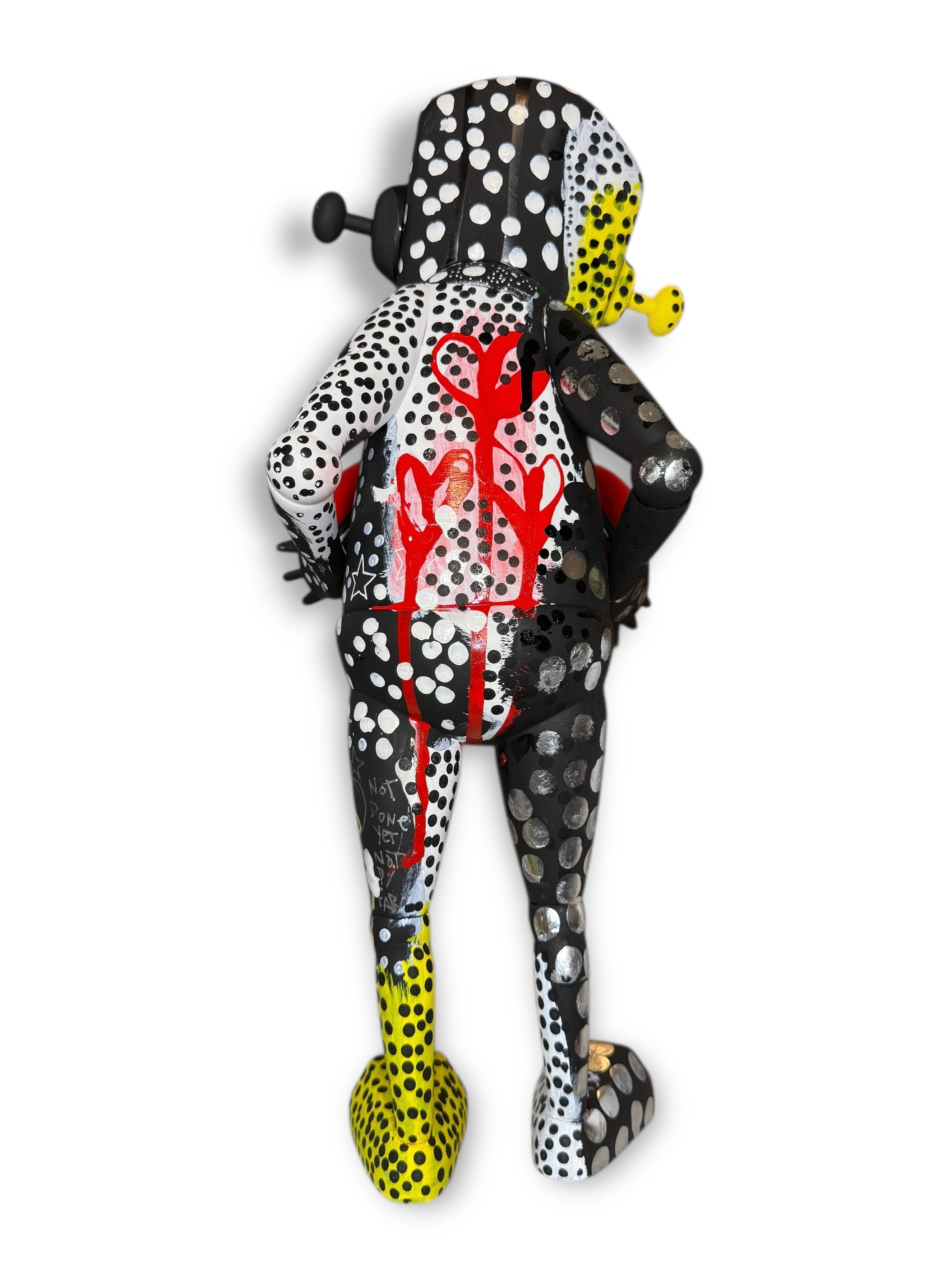 Time Will Tell - 'Pop' by Chris RWK: 15-inch vinyl sculpture with polka dots, red hearts, graffiti text, showcasing a playful, cartoonish humanoid figure.