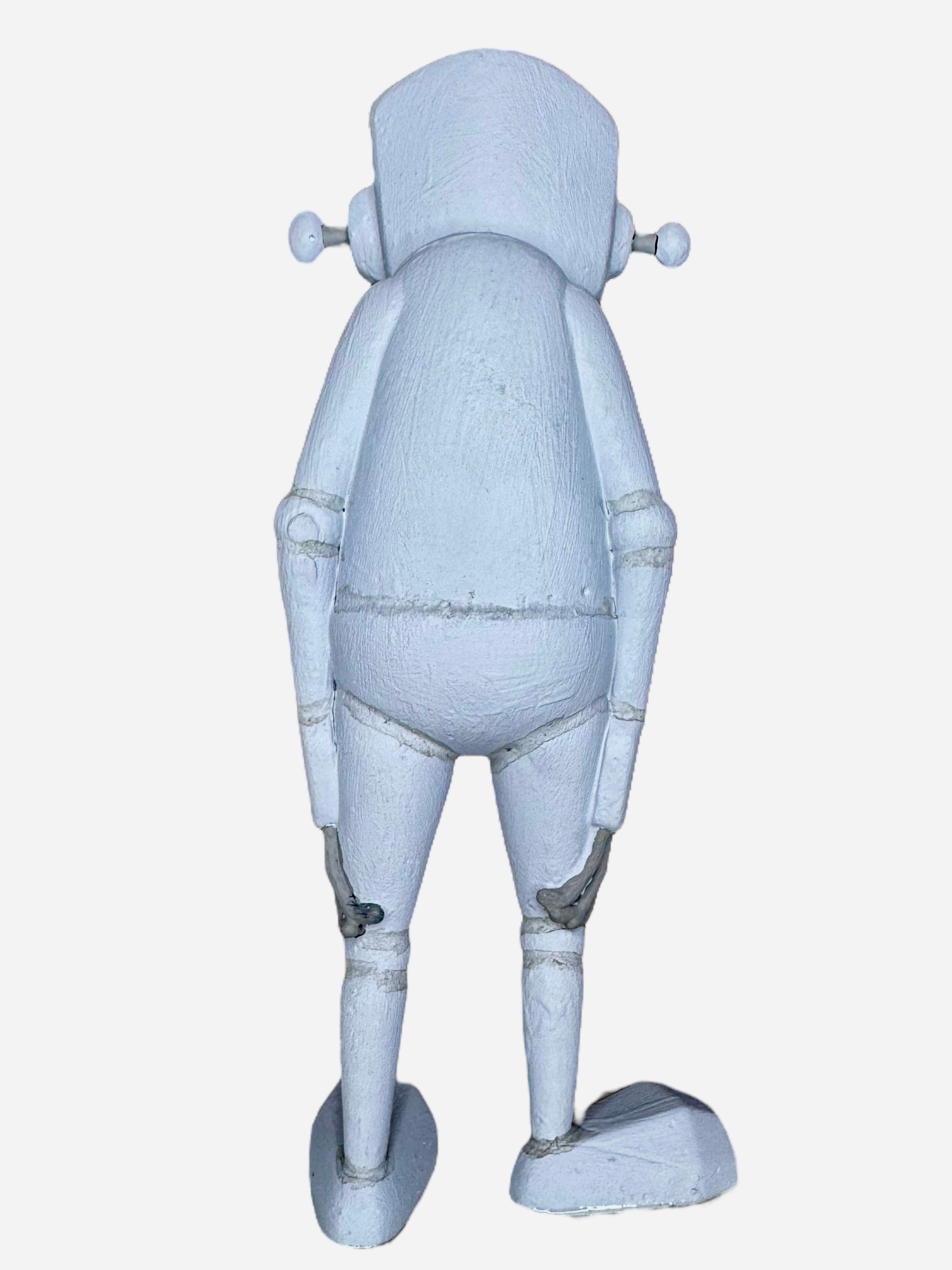 Time Will Tell - Stand Tall series OG by Chris RWK, a 6 wooden humanoid figure with jointed limbs and antennae, painted matte white.