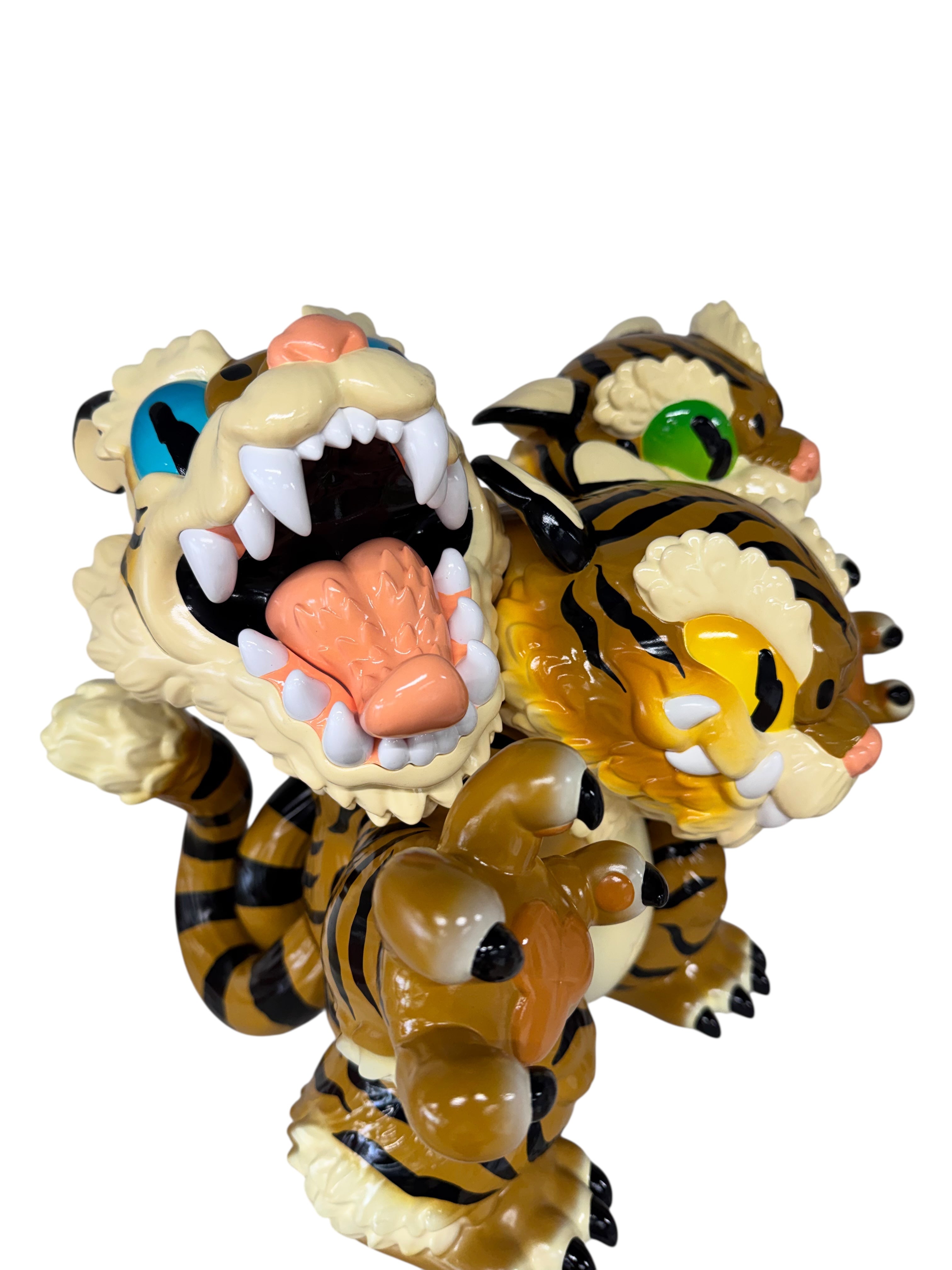 Three Headed Fierce Tiger Koshow by Grape Brain, a 6-inch soft vinyl plush toy, featuring a unique paint design by Candie Bolton, limited to 100 pieces.