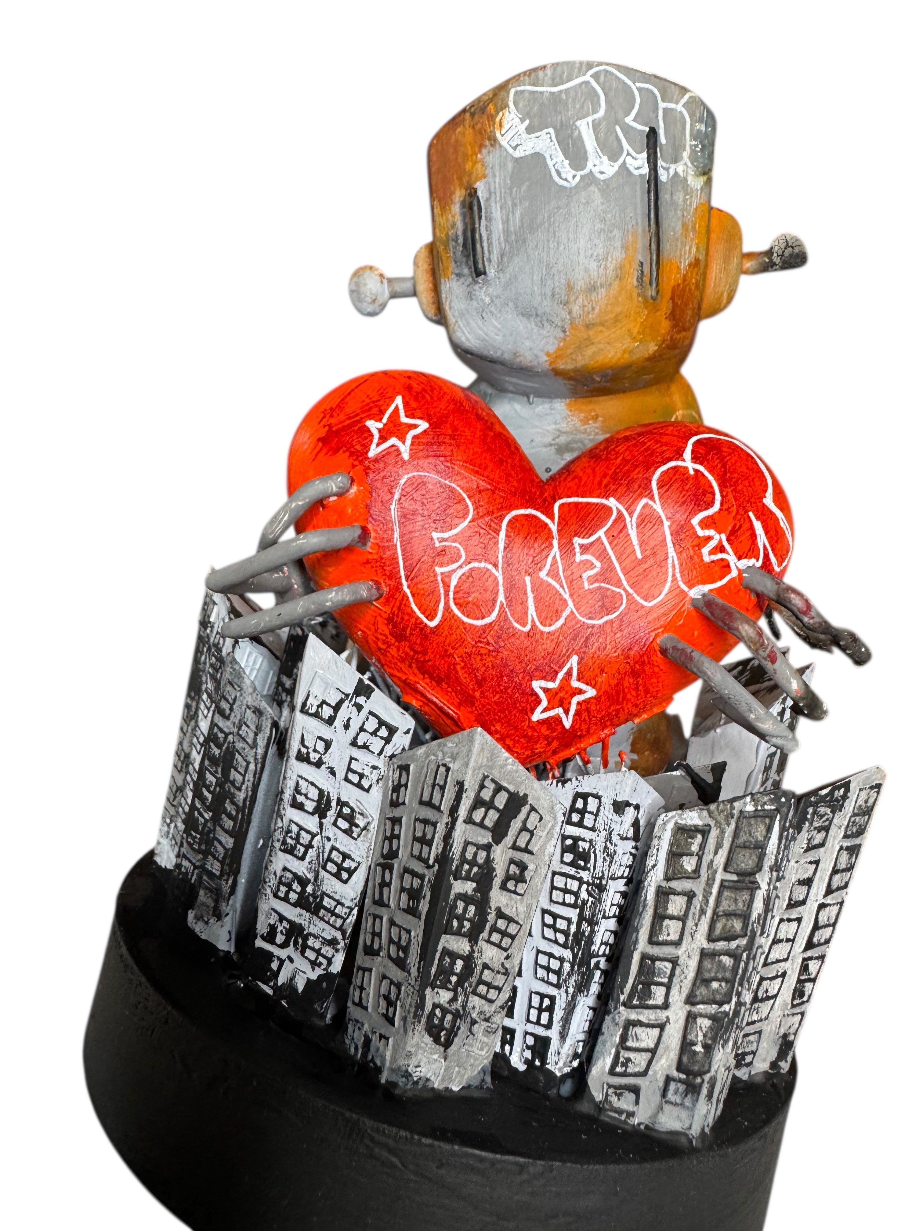 Time Will Tell - Still Standing by Chris RWK: A 6.5 resin robot figure holding a red heart, set above a monochrome cityscape base.