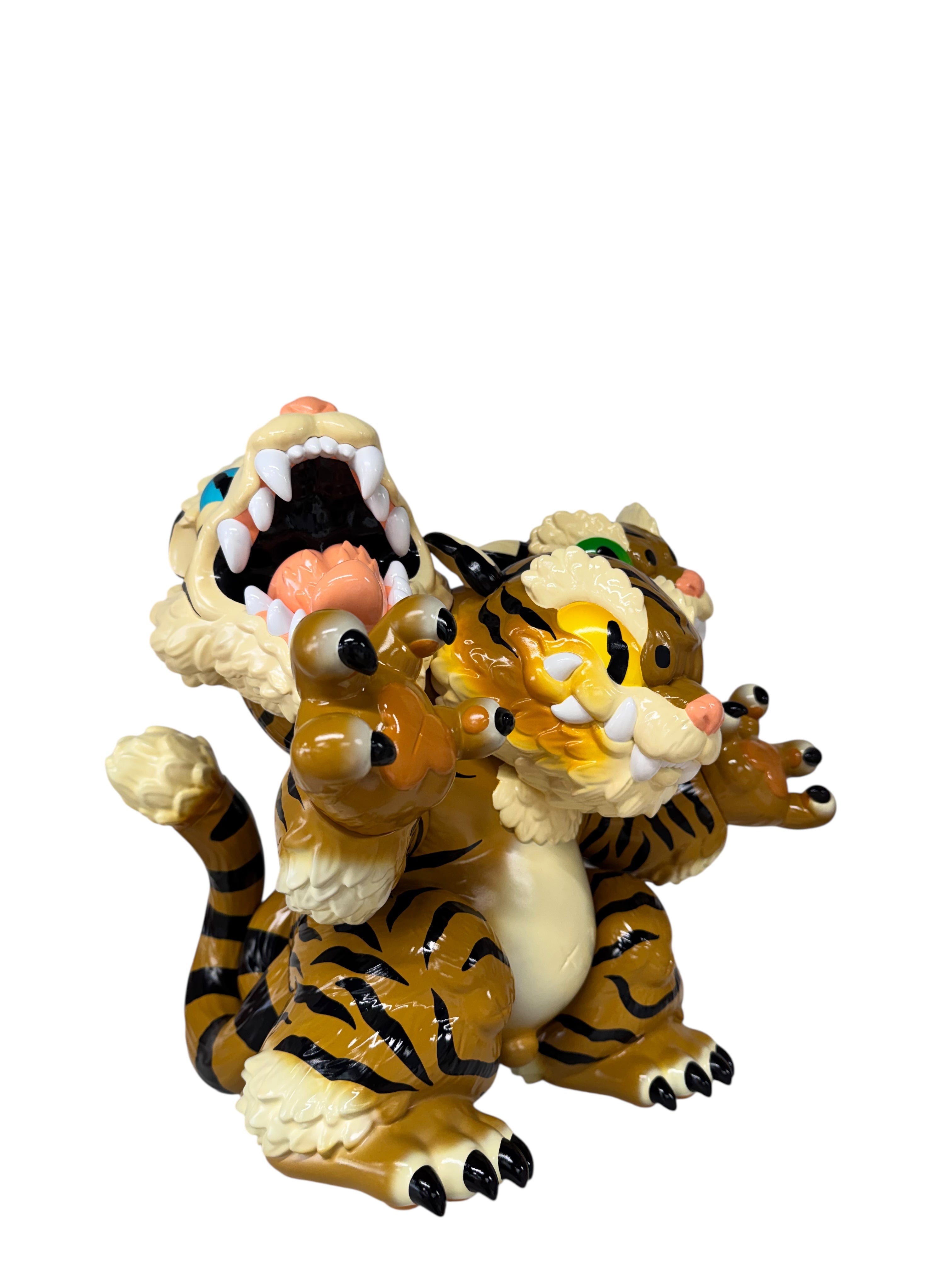 Three Headed Fierce Tiger Koshow by Grape Brain, a 6-inch soft vinyl toy with intricate paint design, featuring tiger, snake, and statue elements. Limited edition of 100 pieces.