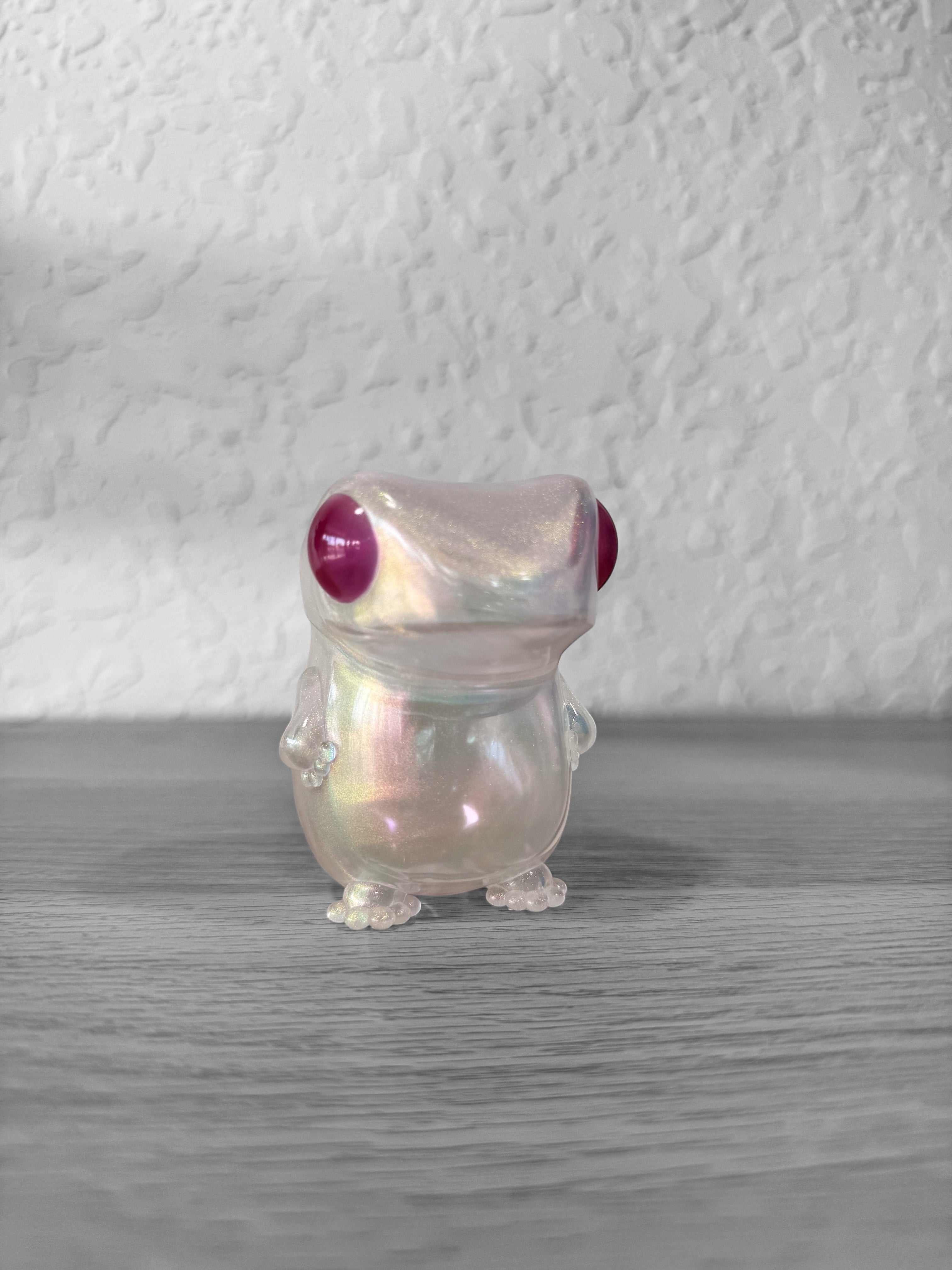 Froggy - Soap Bubble Pink by Frog Tree: A small, 8cm Japanese soft vinyl glass frog figurine, designed with intricate details, suitable for collectors of unique art toys.