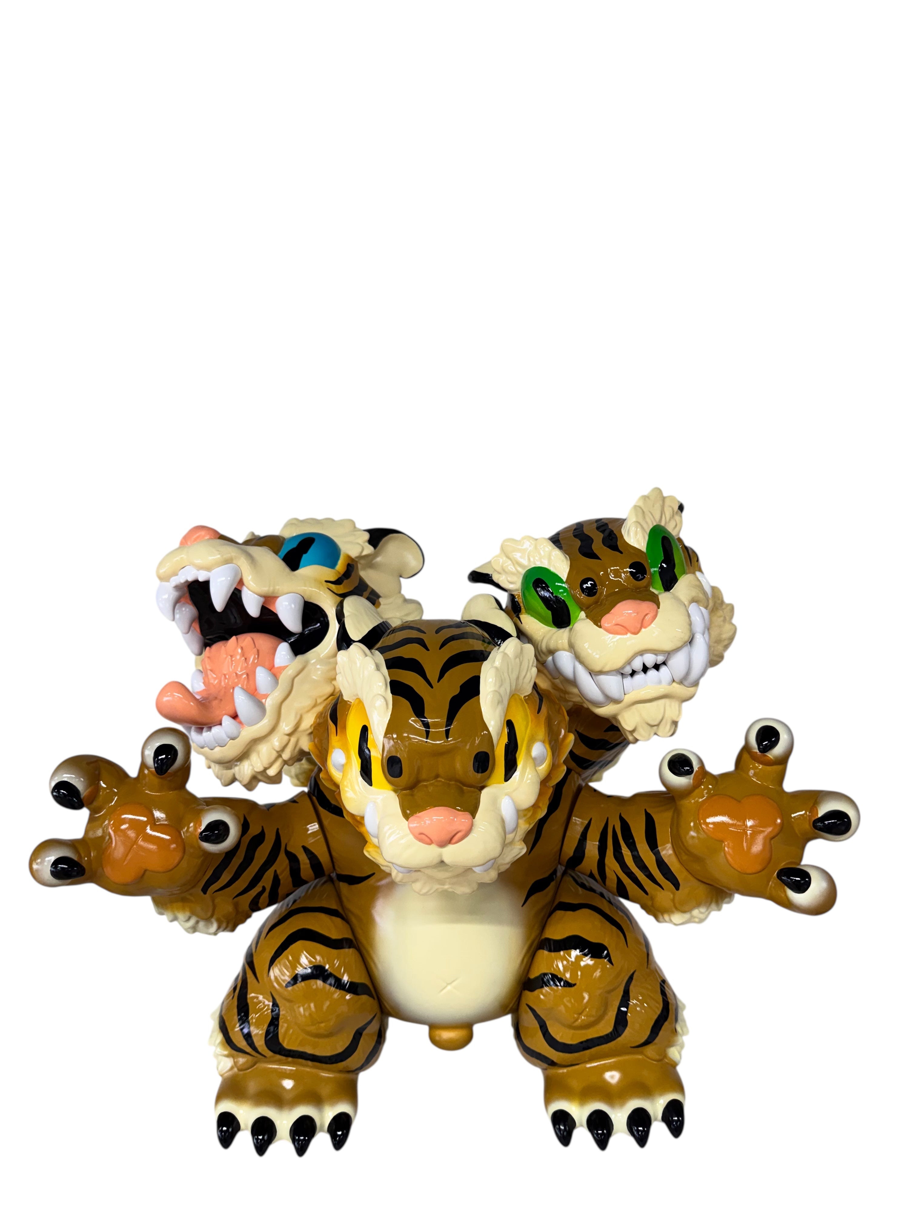 Three Headed Fierce Tiger Koshow by Grape Brain, a 6-inch soft vinyl toy featuring intricate paint design, limited to 100 pieces.